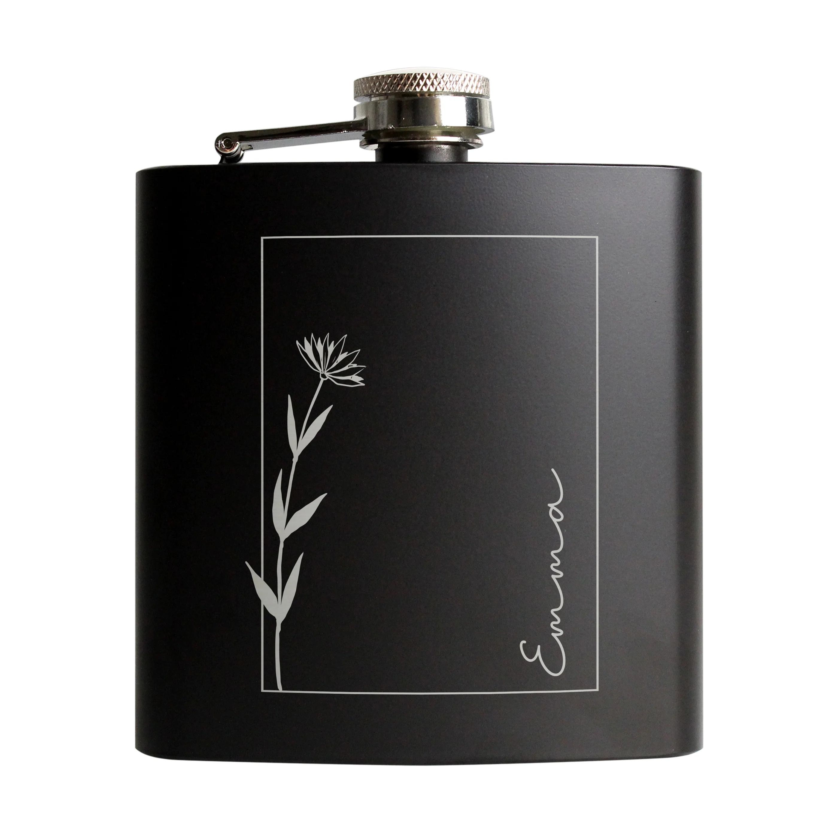 Personalised Monochrome Floral Name Black Hip Flask - Image 5