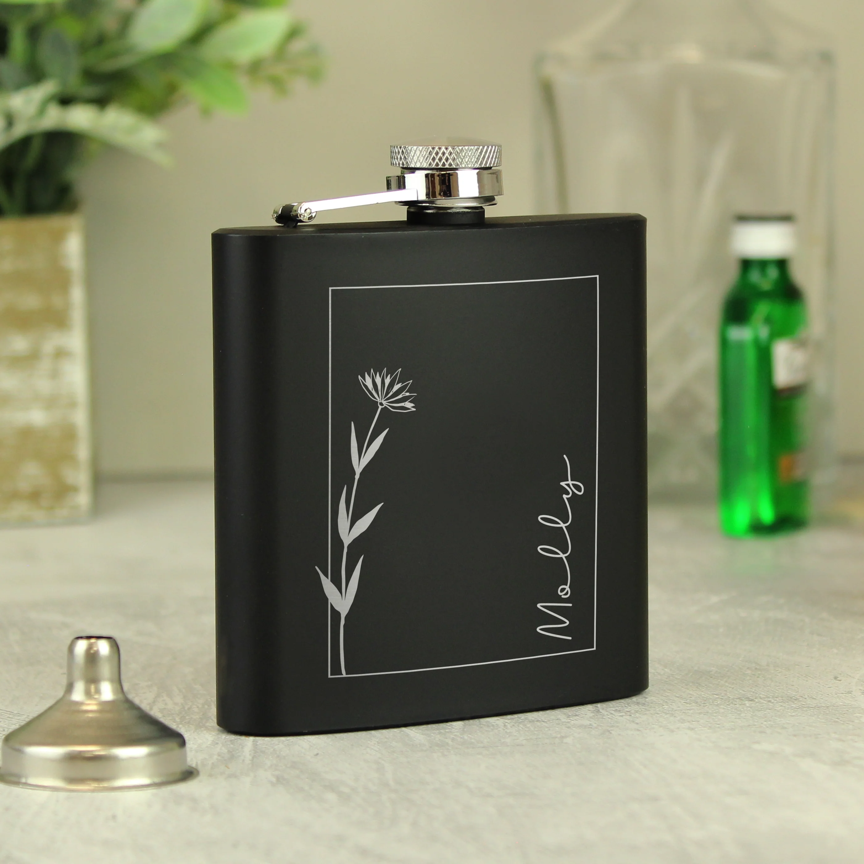 Personalised Monochrome Floral Name Black Hip Flask - Image 6