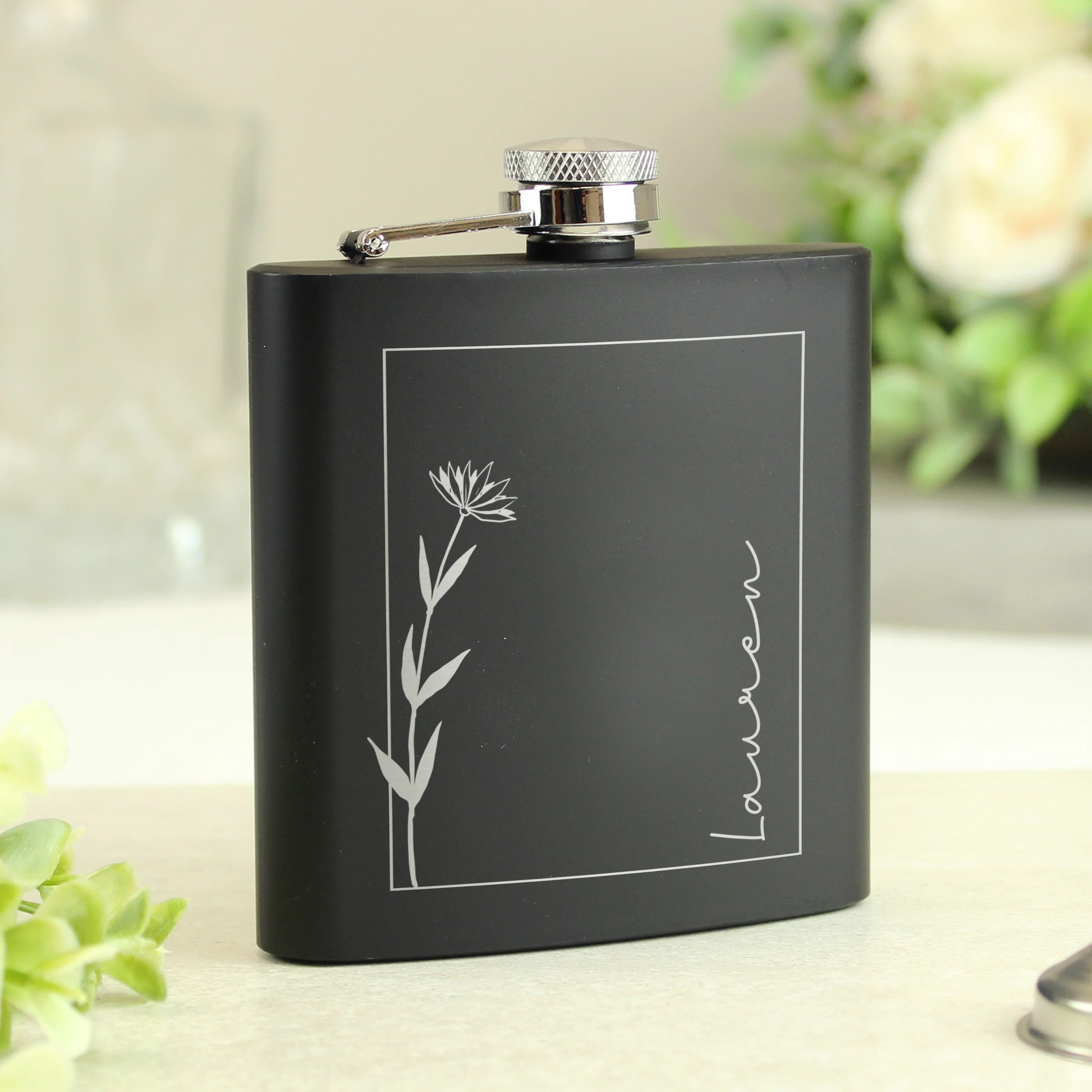 Personalised Monochrome Floral Name Black Hip Flask - Image 7