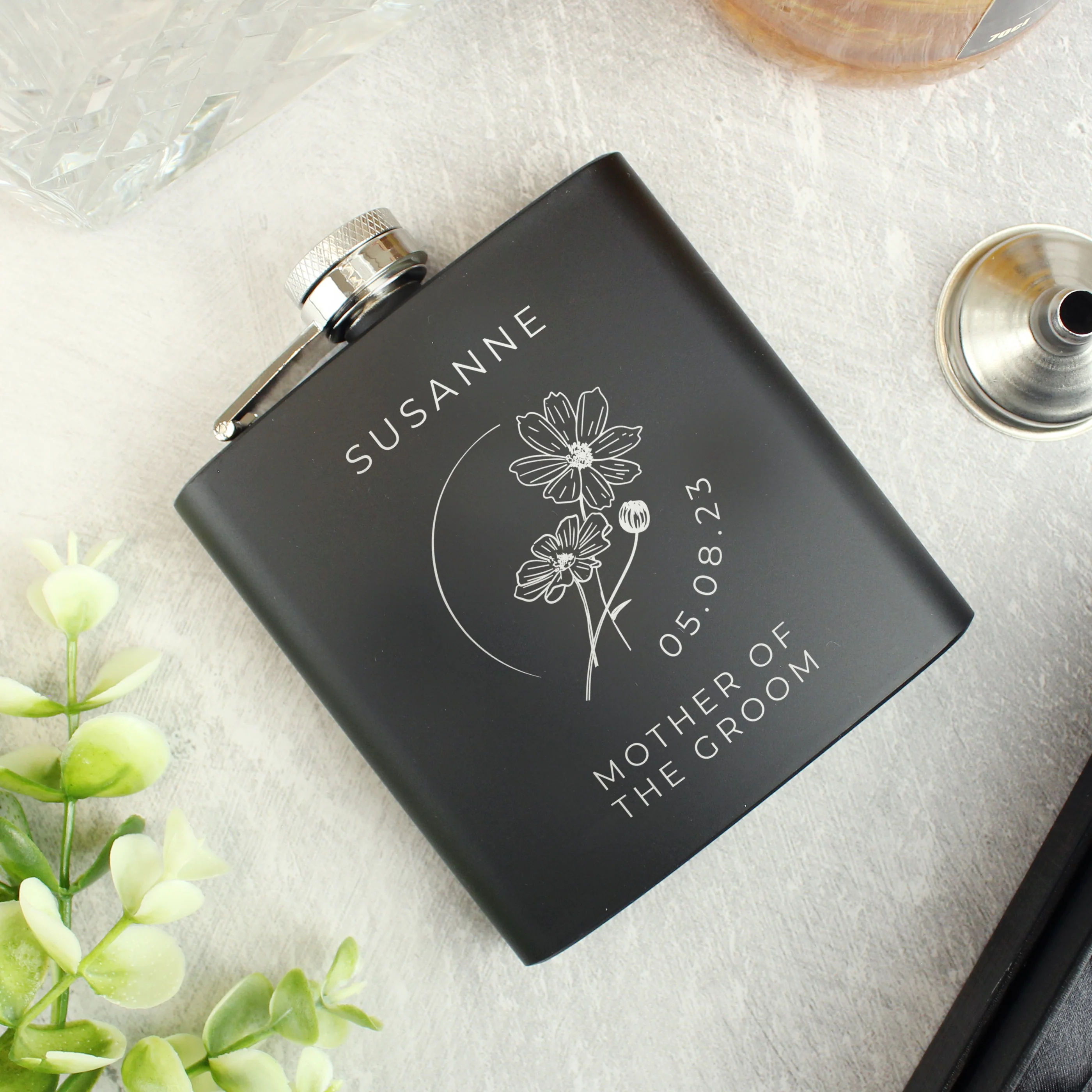 Personalised Monochrome Floral Wedding Party Black Hip Flask - Image 2