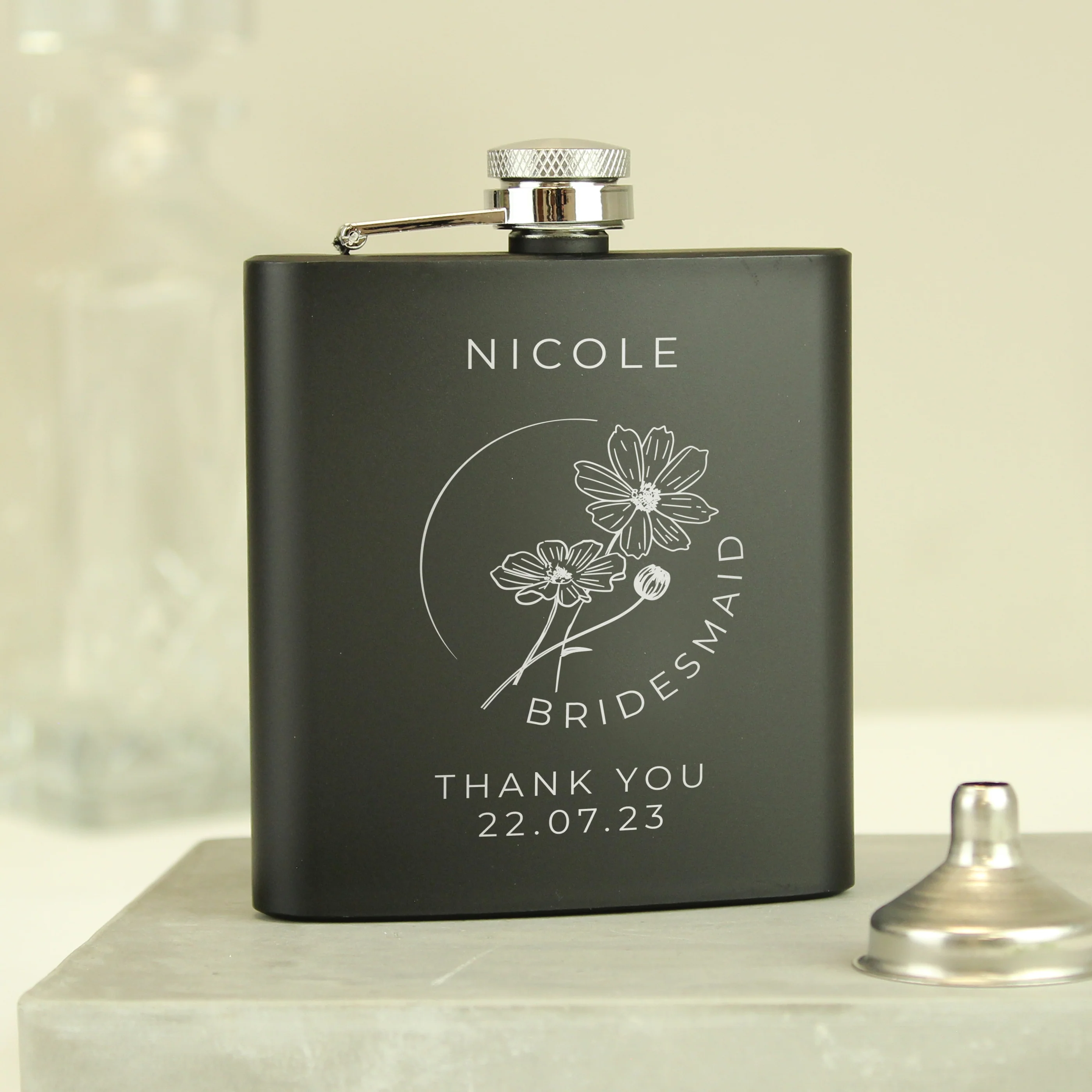 Personalised Monochrome Floral Wedding Party Black Hip Flask - Image 3
