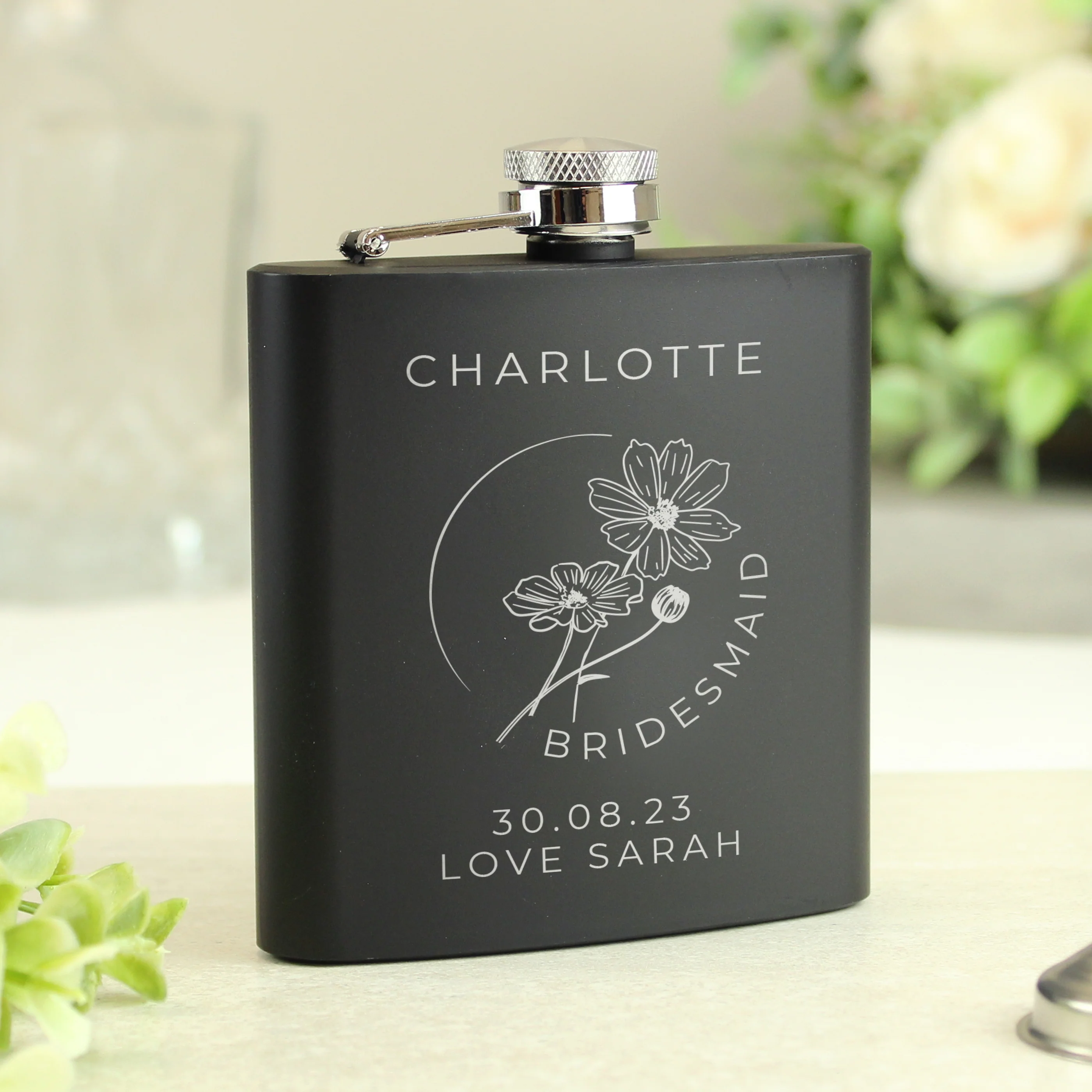 Personalised Monochrome Floral Wedding Party Black Hip Flask - Image 4