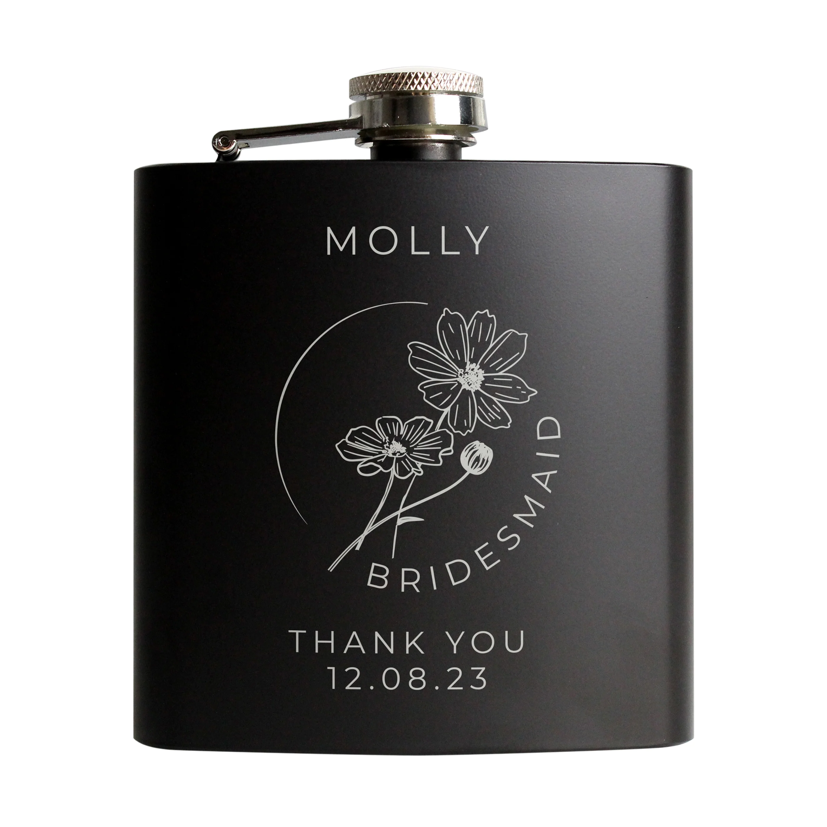 Personalised Monochrome Floral Wedding Party Black Hip Flask - Image 5