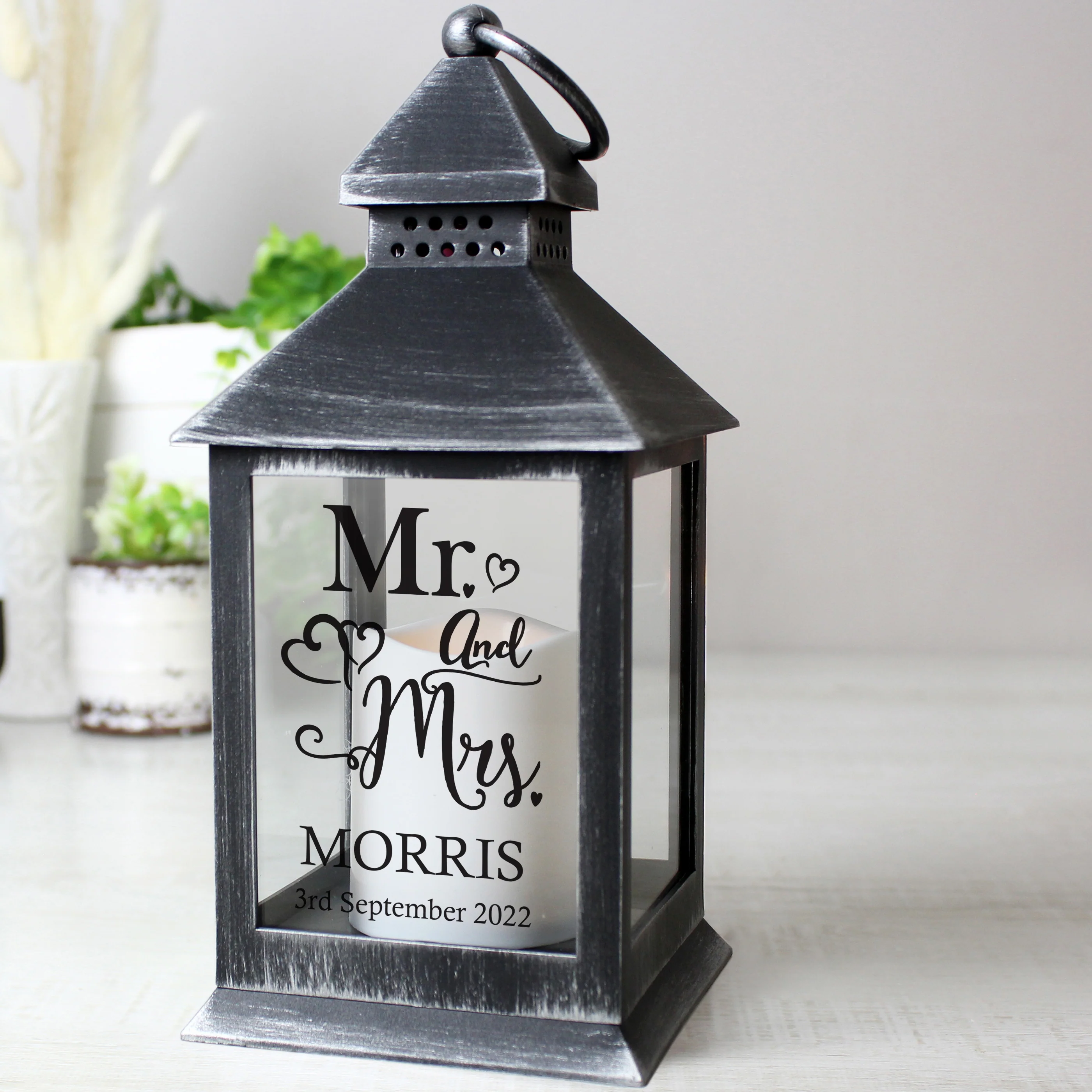 Personalised Mr and Mrs Rustic Black Lantern - Image 2