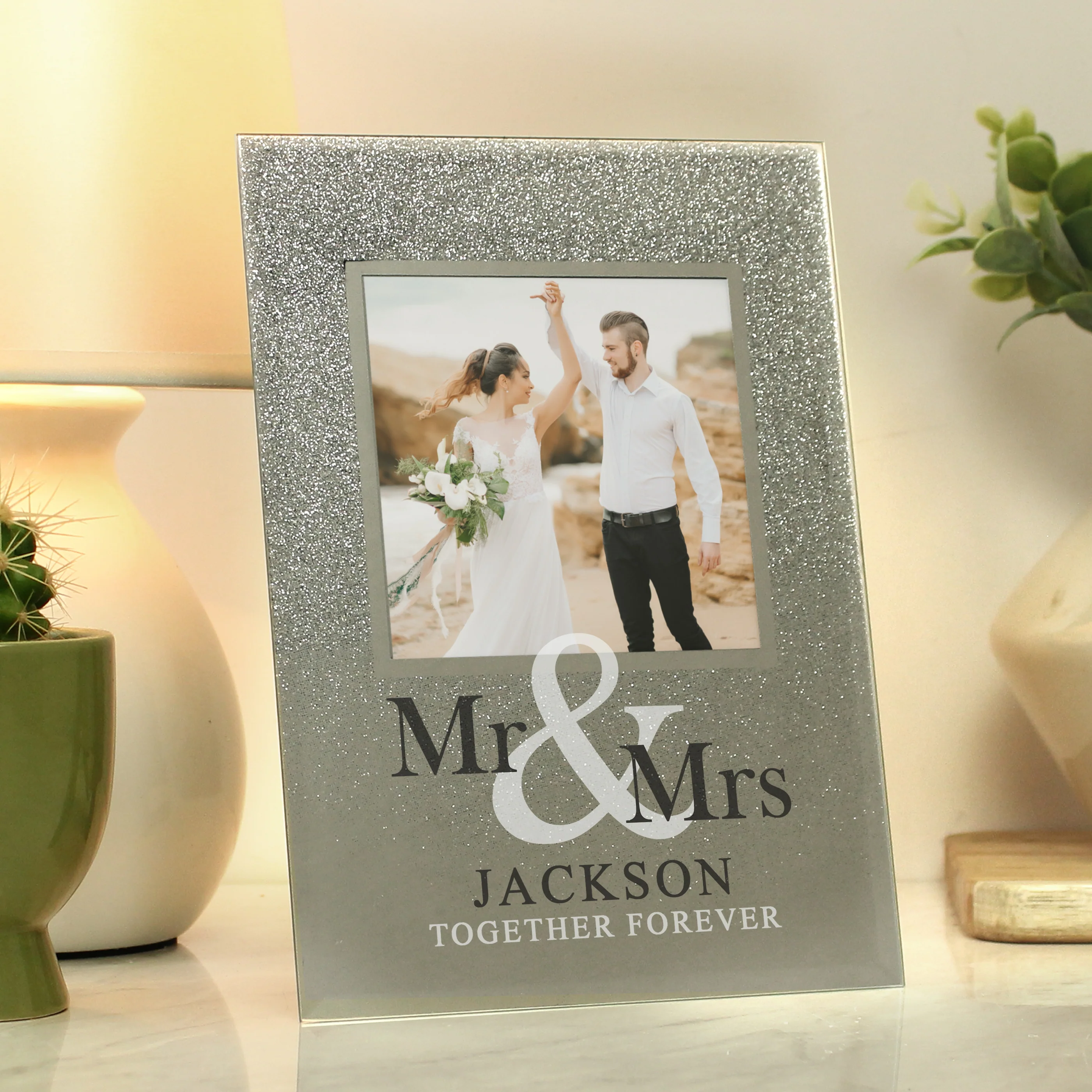 Personalised Mr & Mrs 4x4 Glitter Glass Photo Frame - Image 2