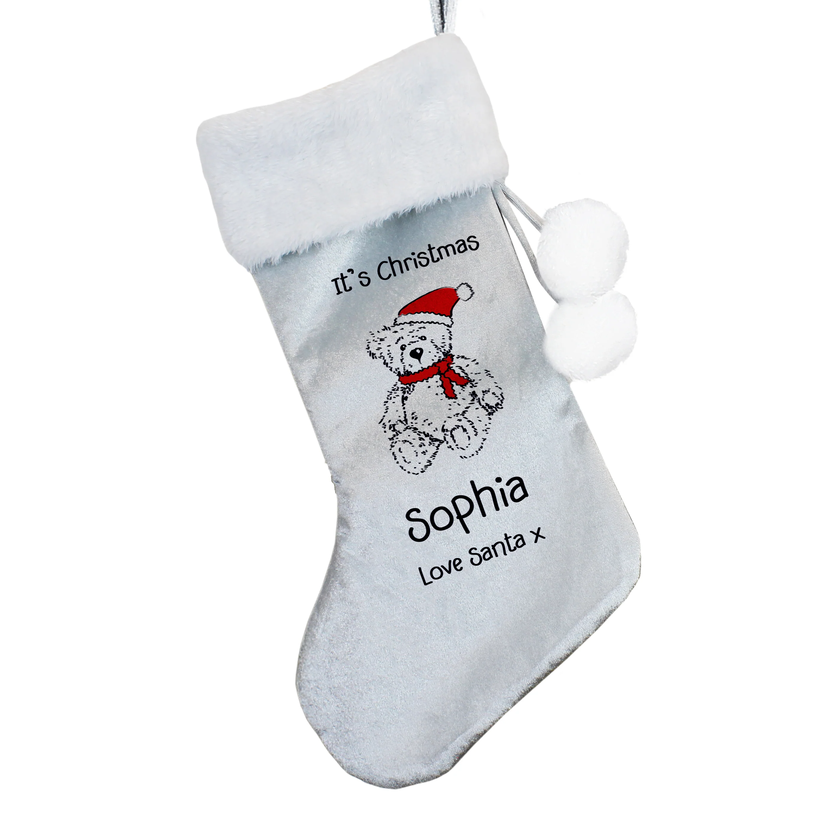 Personalised My 1st Christmas Teddy Silver Grey Stocking - Image 3