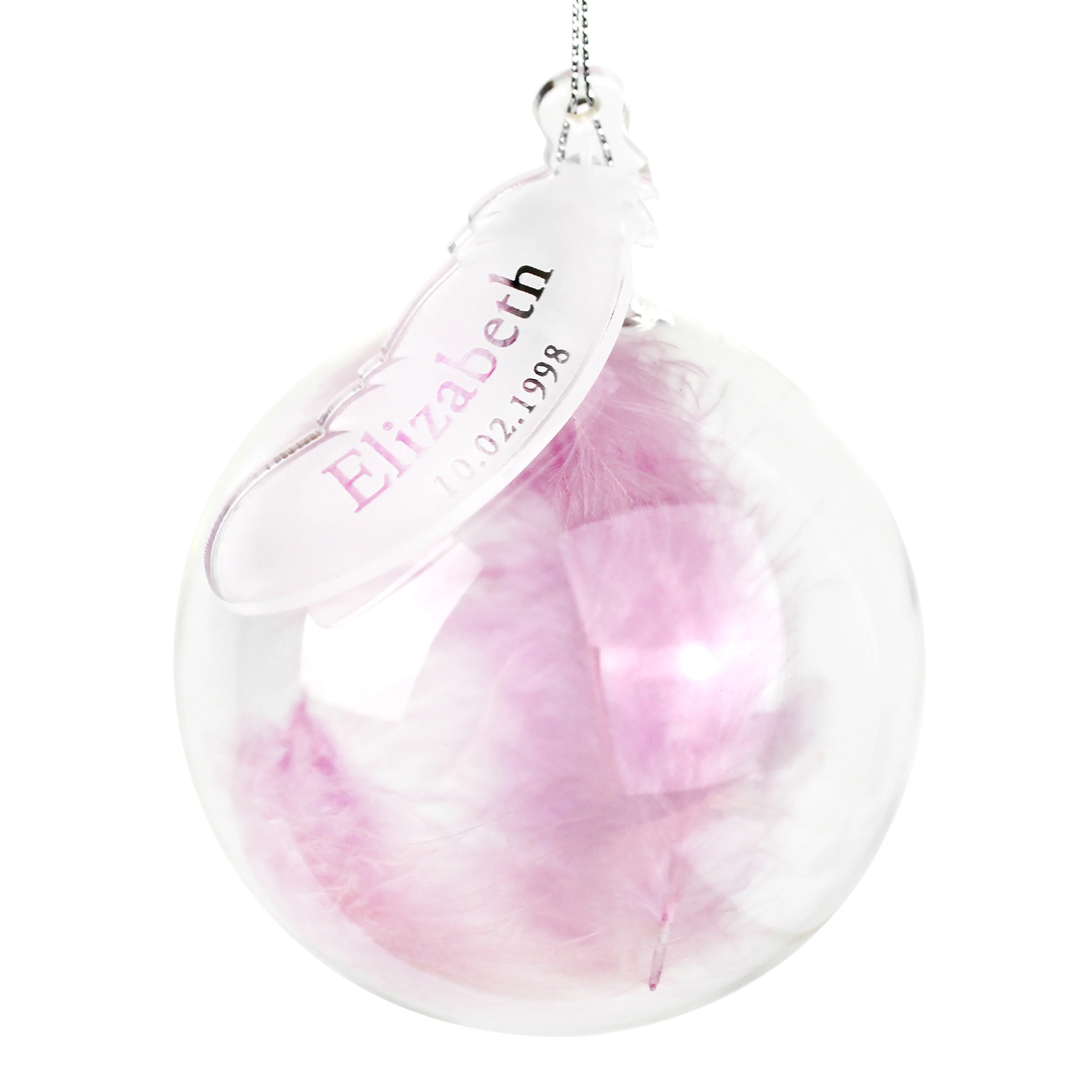 Personalised Name & Date Pink Feather Glass Bauble - Image 2