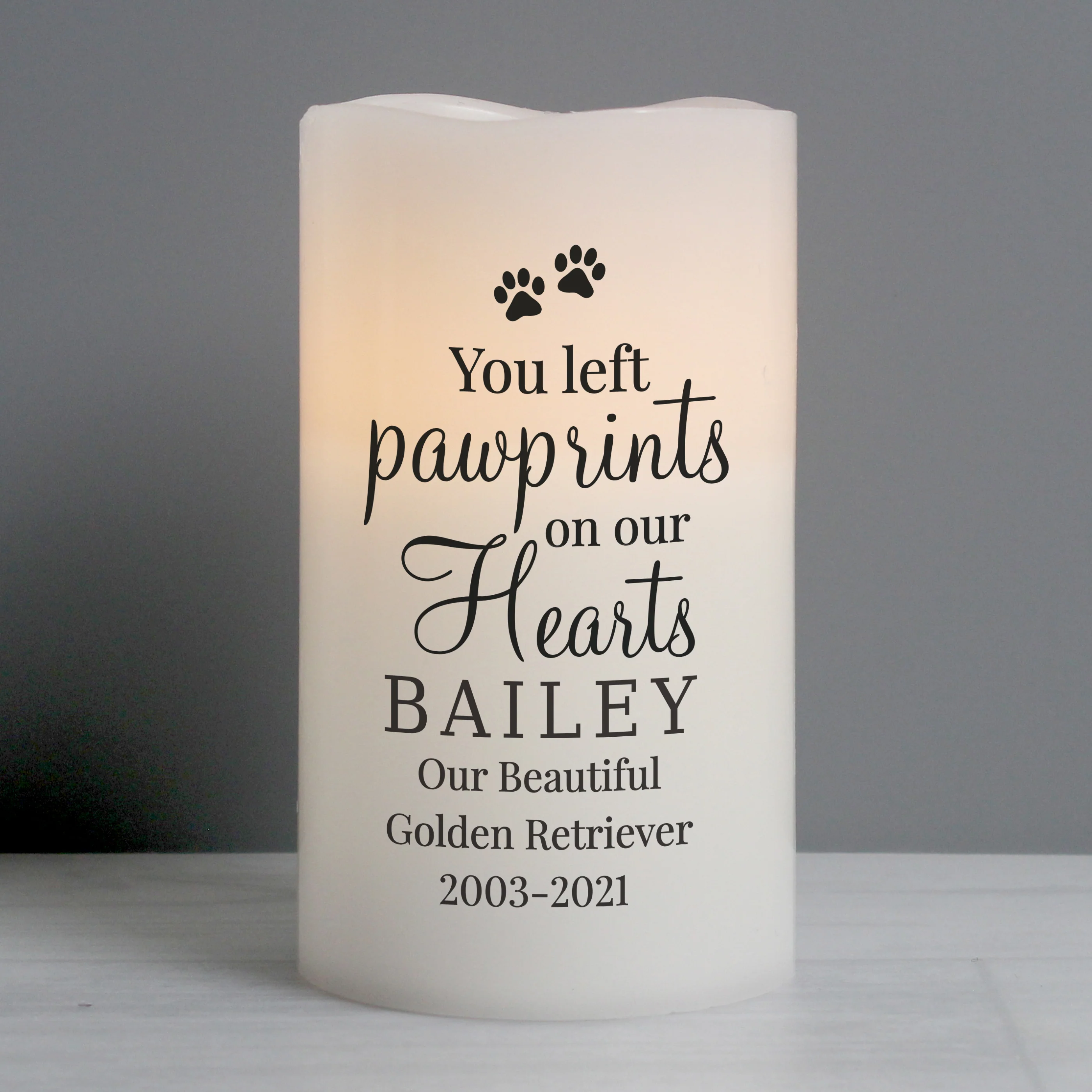 Personalised Pawprints On Our Hearts LED Candle