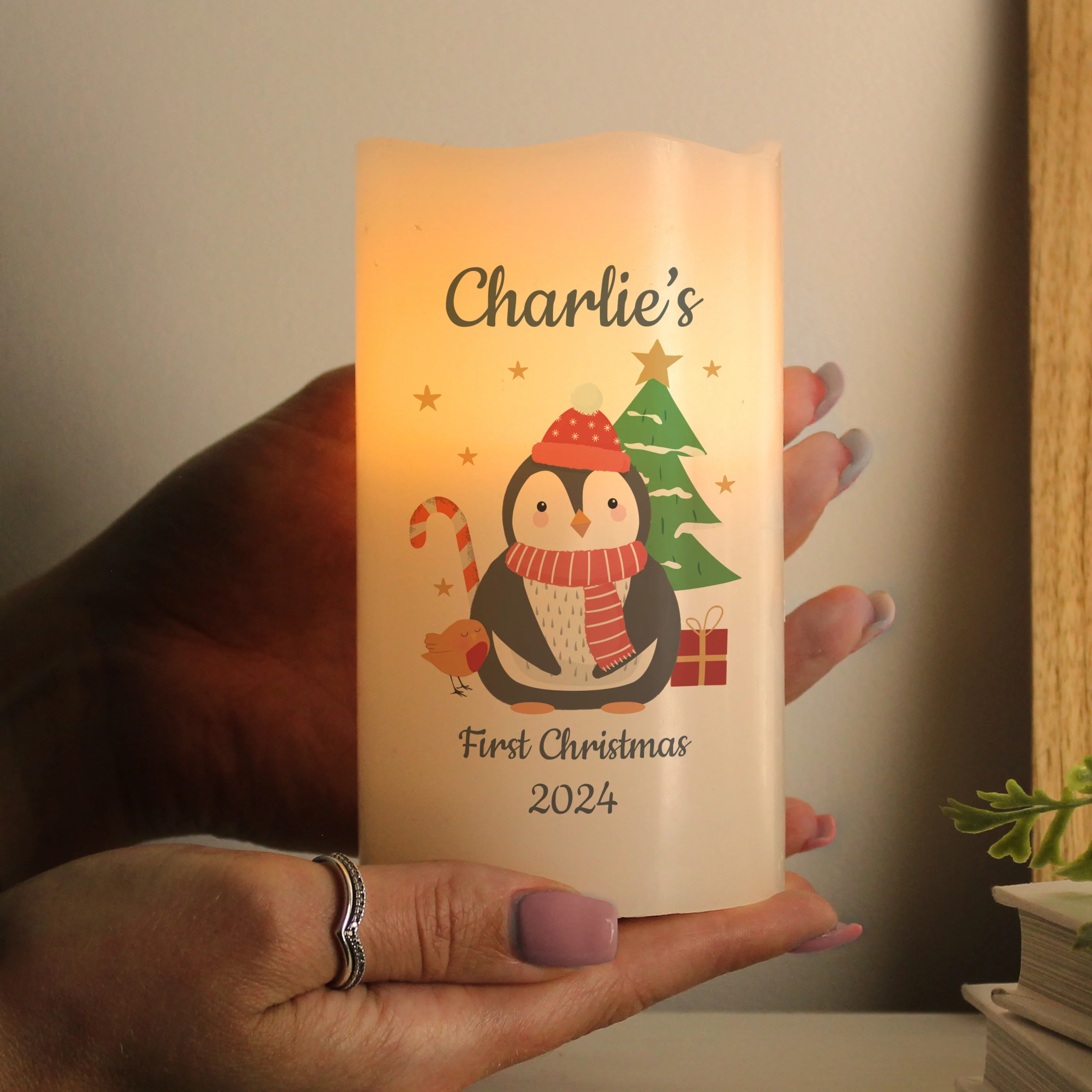 Personalised Penguin Christmas LED Candle - Image 3