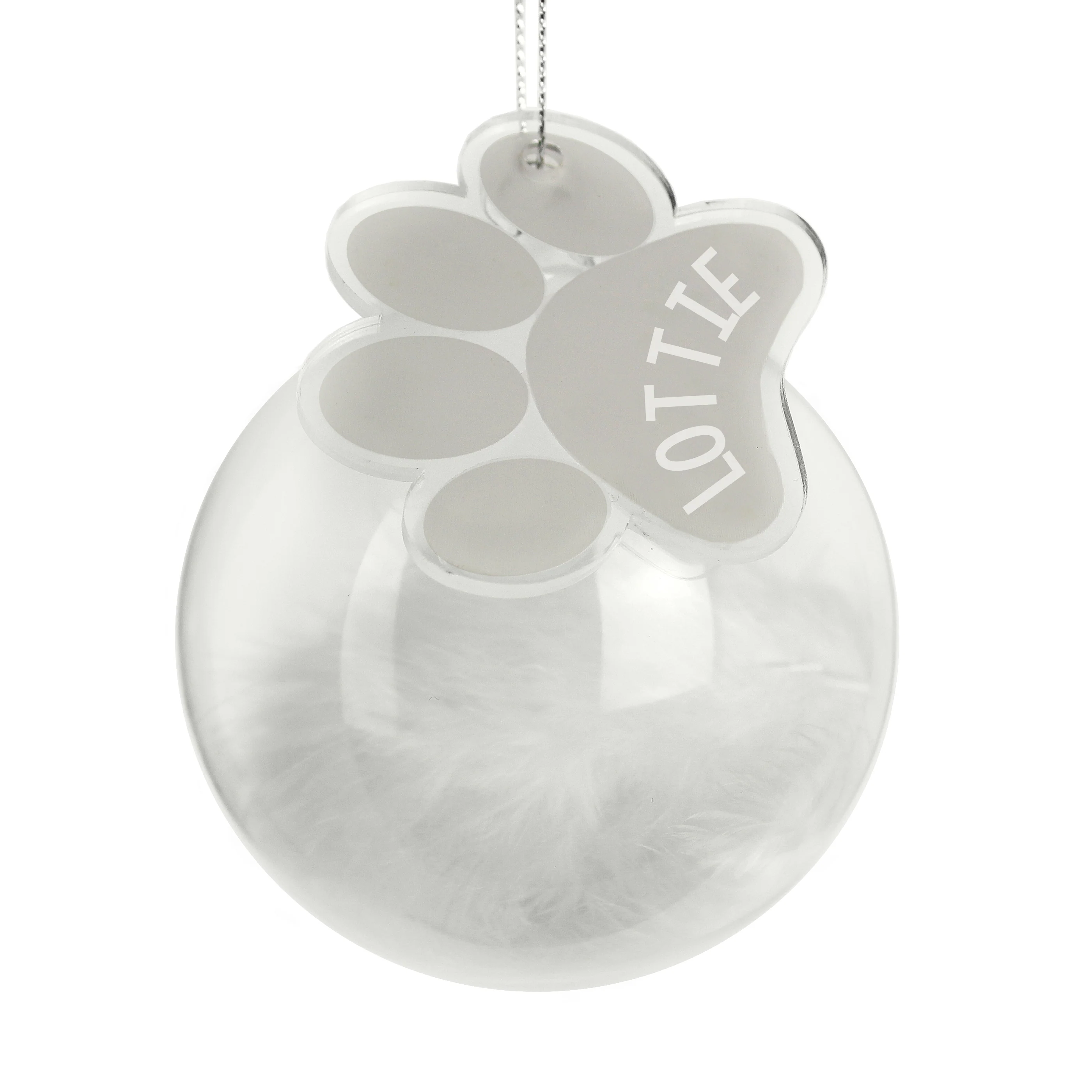 Personalised Pets White Feather Glass Bauble With Paw Print Tag - Image 3