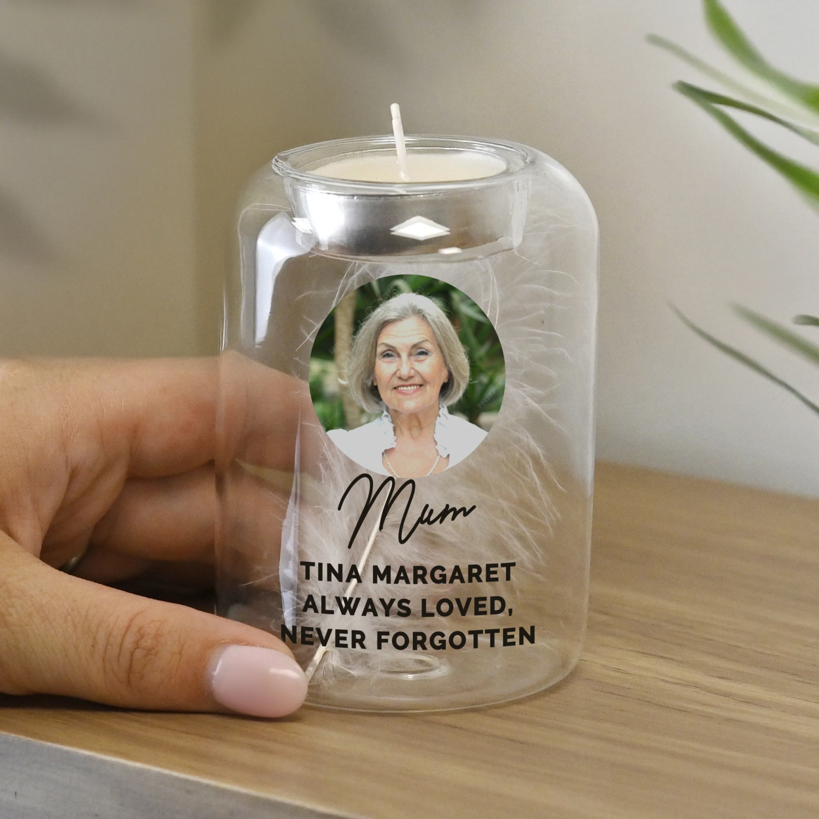 Personalised Photo Upload Memorial Feather Tealight Holder - Image 3