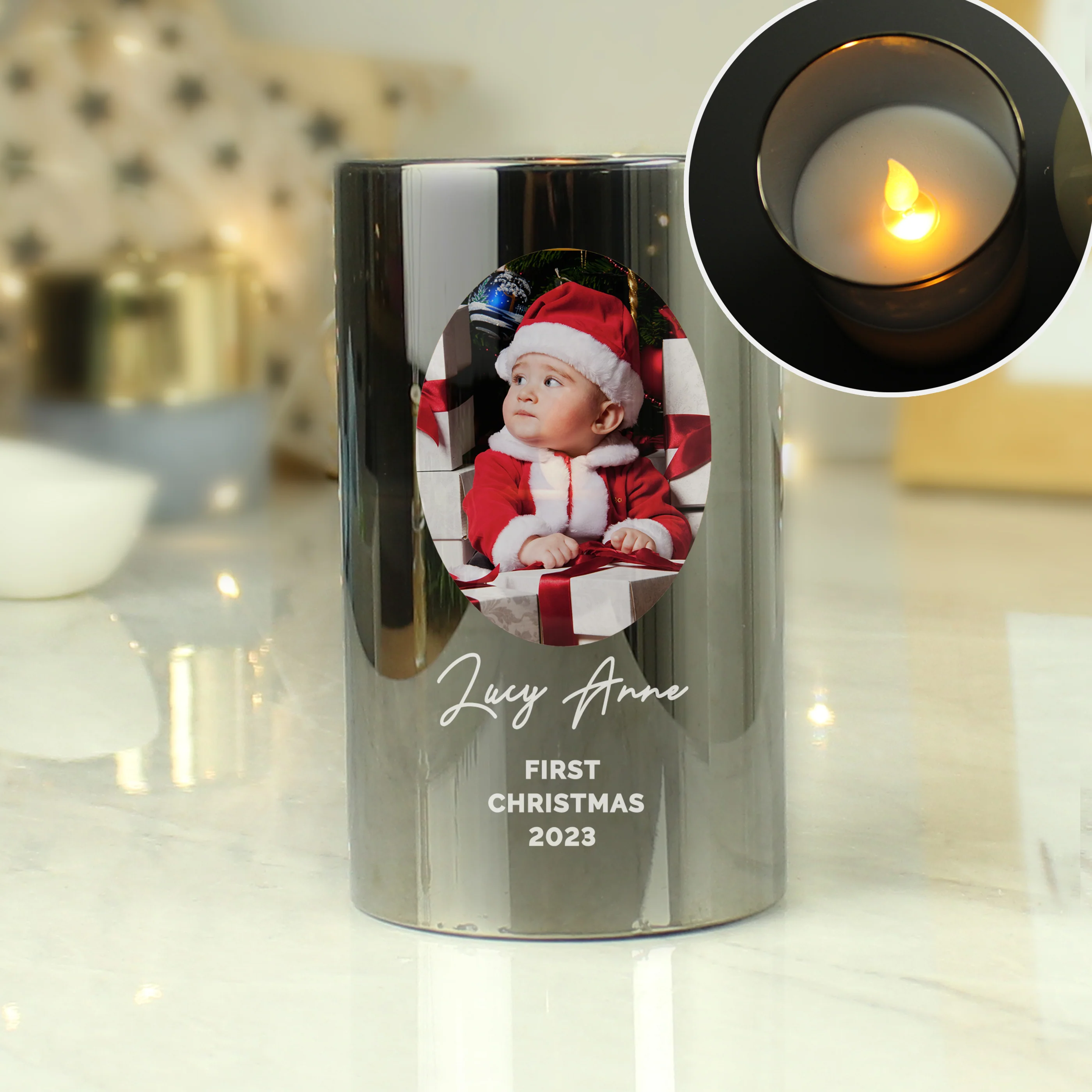 Personalised Photo Upload Smoked Glass LED Candle - Image 4