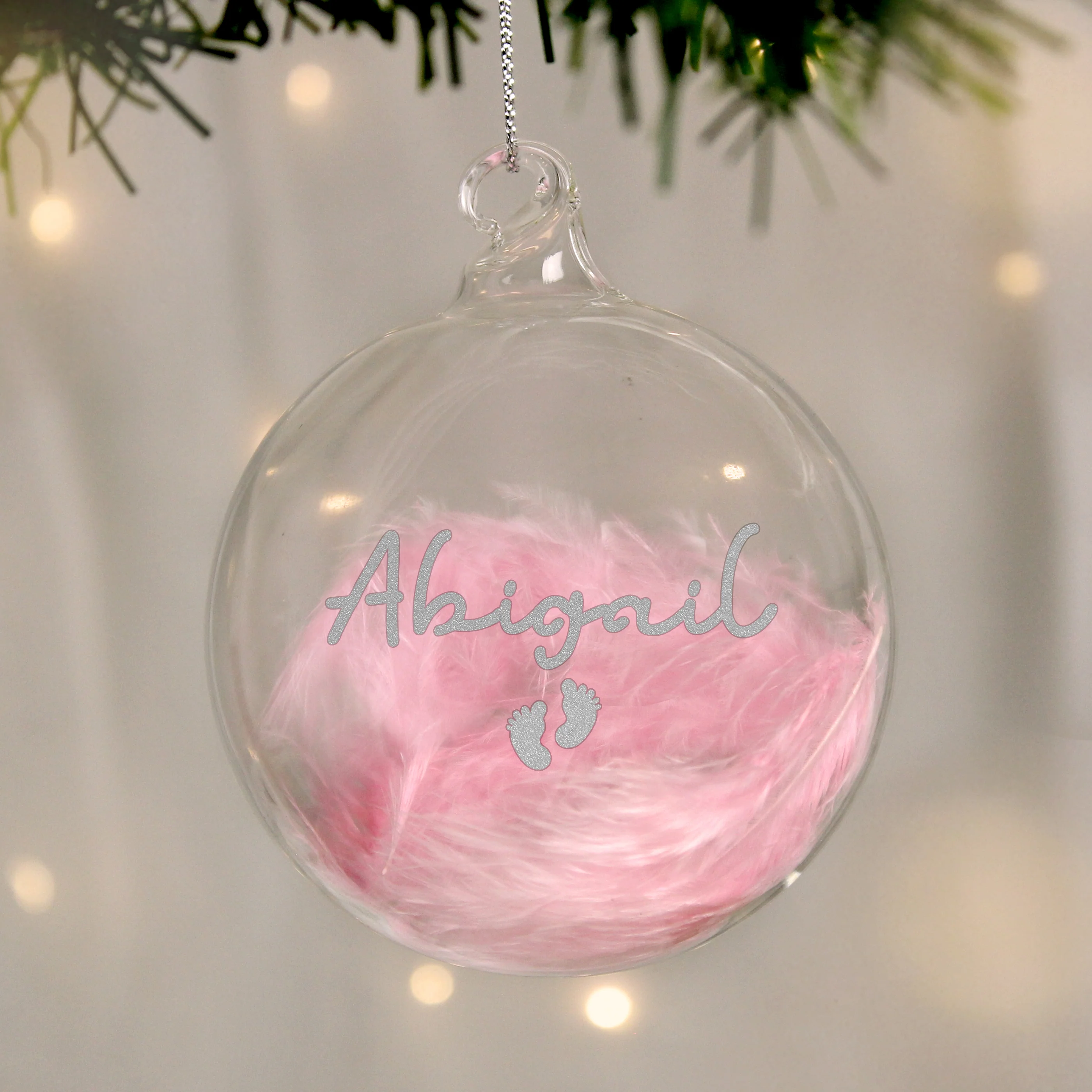 Personalised Pink Feather Silver Footprints Glass Bauble - Image 3