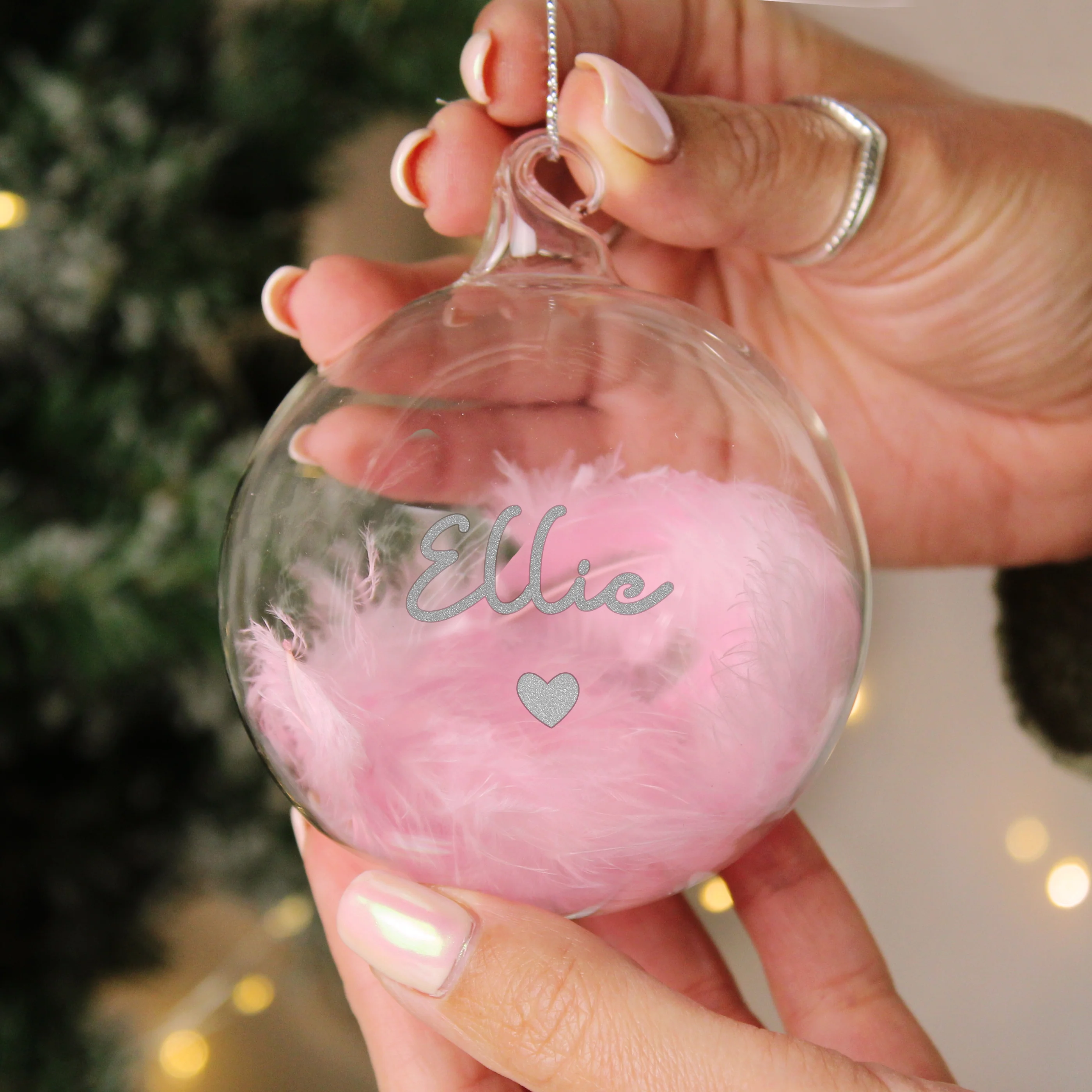 Personalised Pink Feather Silver Heart Glass Bauble - Image 2