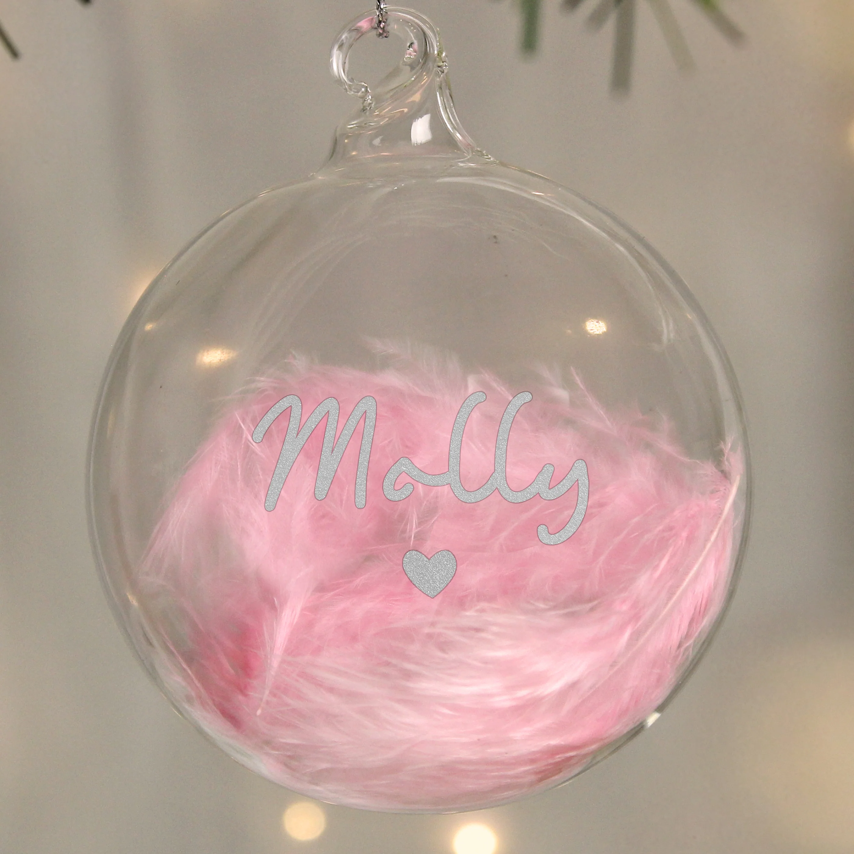 Personalised Pink Feather Silver Heart Glass Bauble - Image 4