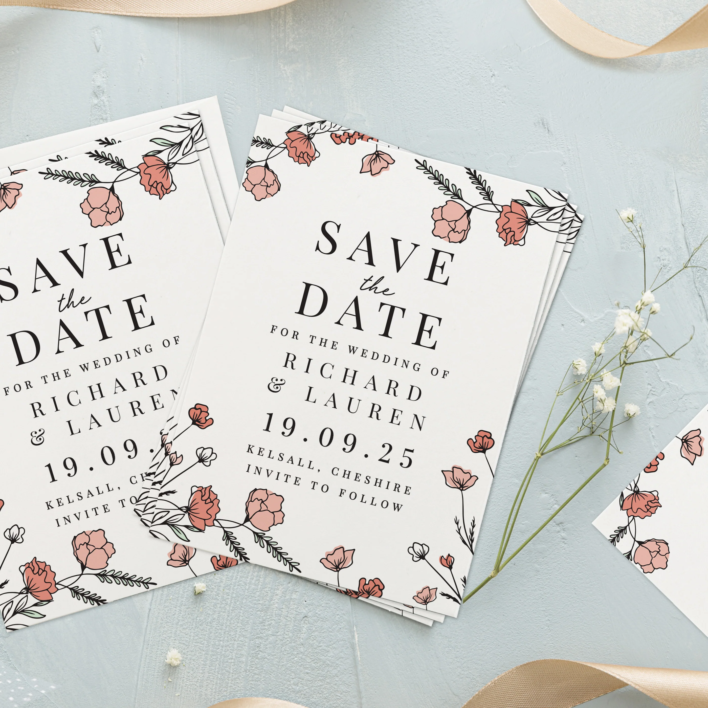 Personalised Pink Floral Set of 36 Wedding Save the Dates - Image 2