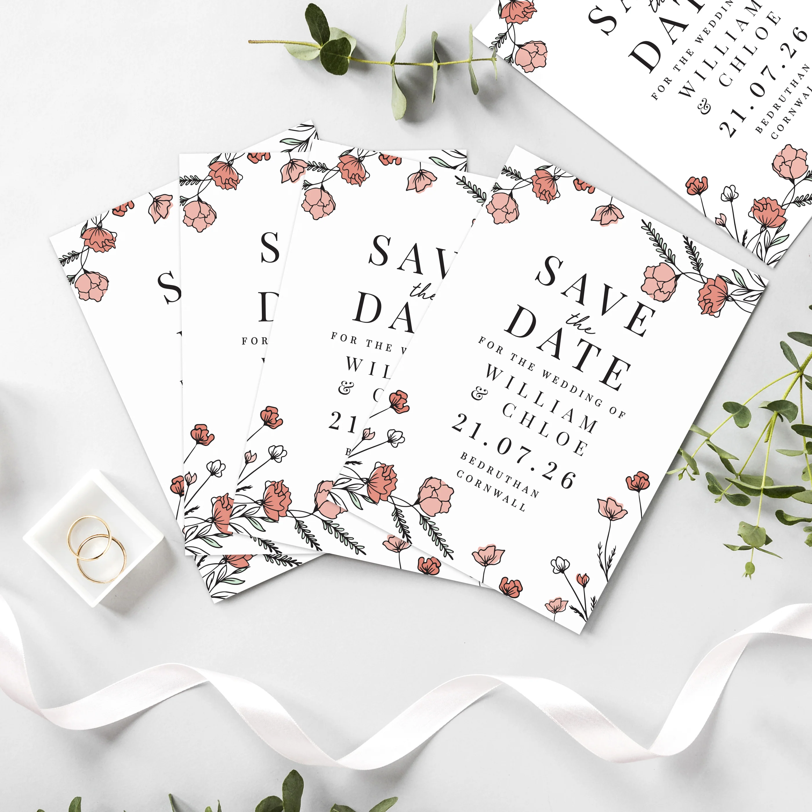Personalised Pink Floral Set of 36 Wedding Save the Dates - Image 3