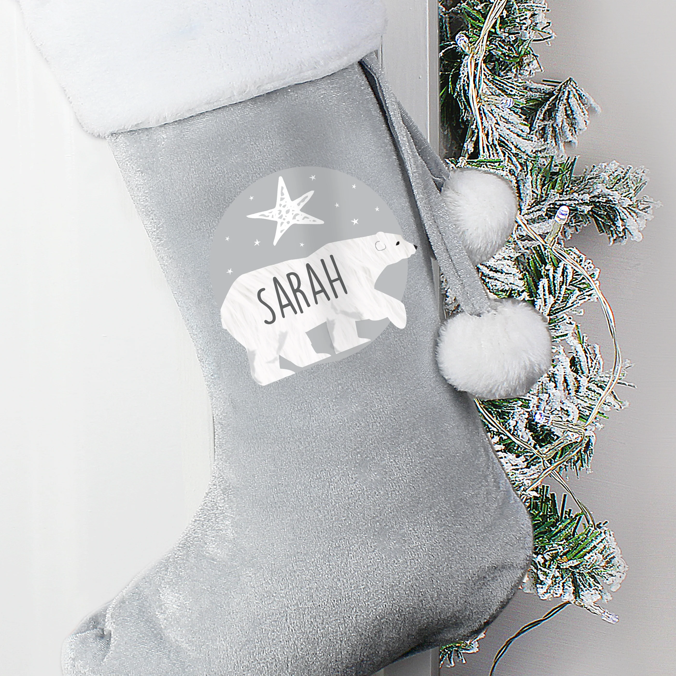 Personalised Polar Bear Luxury Silver Grey Stocking - Image 2