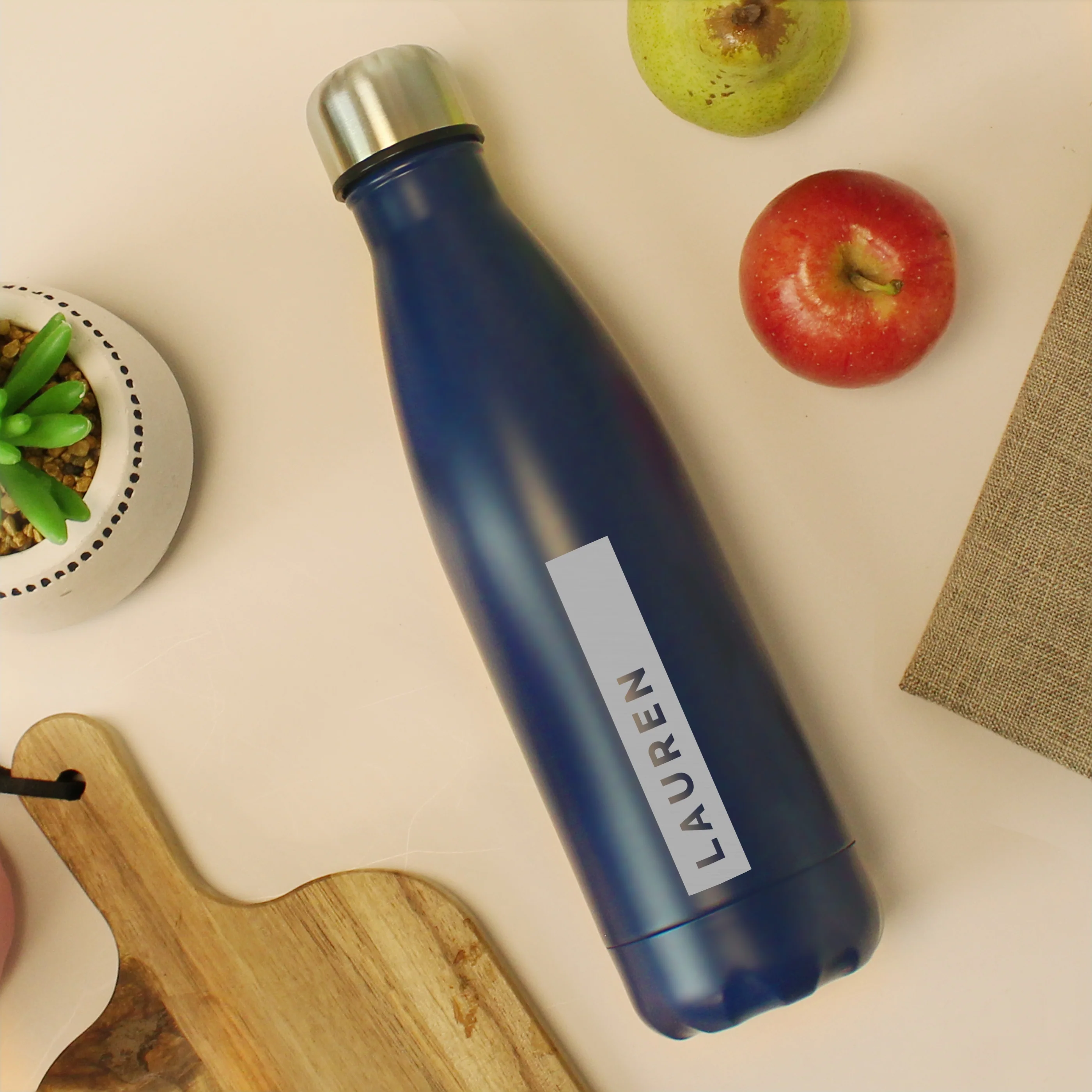 Personalised Rectangle Navy Metal Insulated Drinks Bottle - Image 2