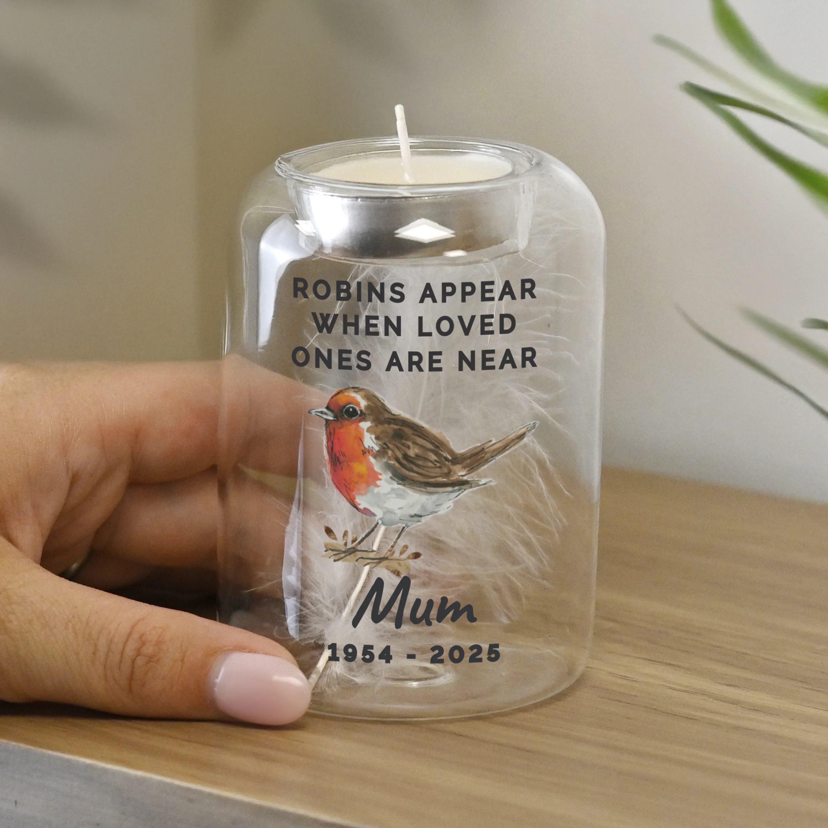 Personalised Robin Memorial Feather Tealight Holder - Image 2
