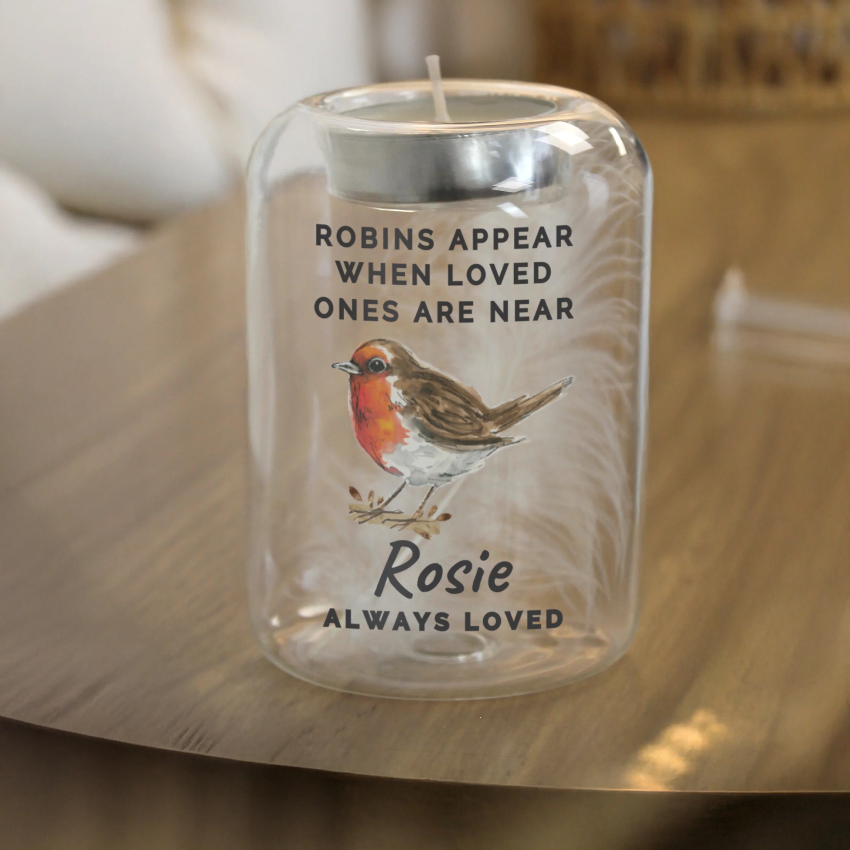 Personalised Robin Memorial Feather Tealight Holder - Image 3