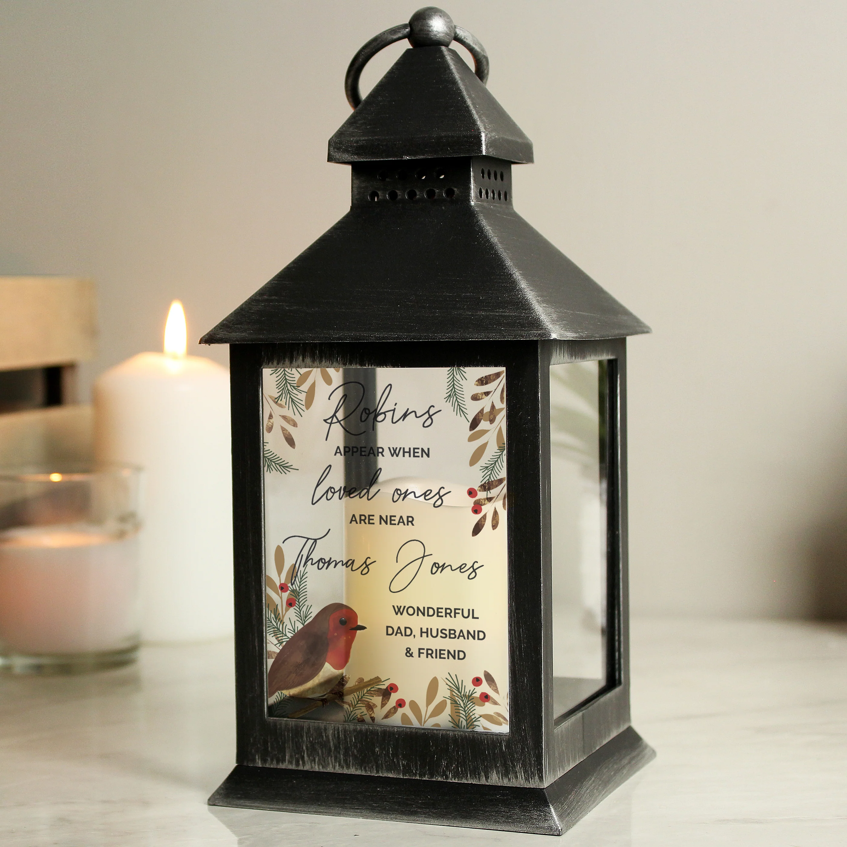 Personalised Robins Memorial Black LED Lantern - Image 2