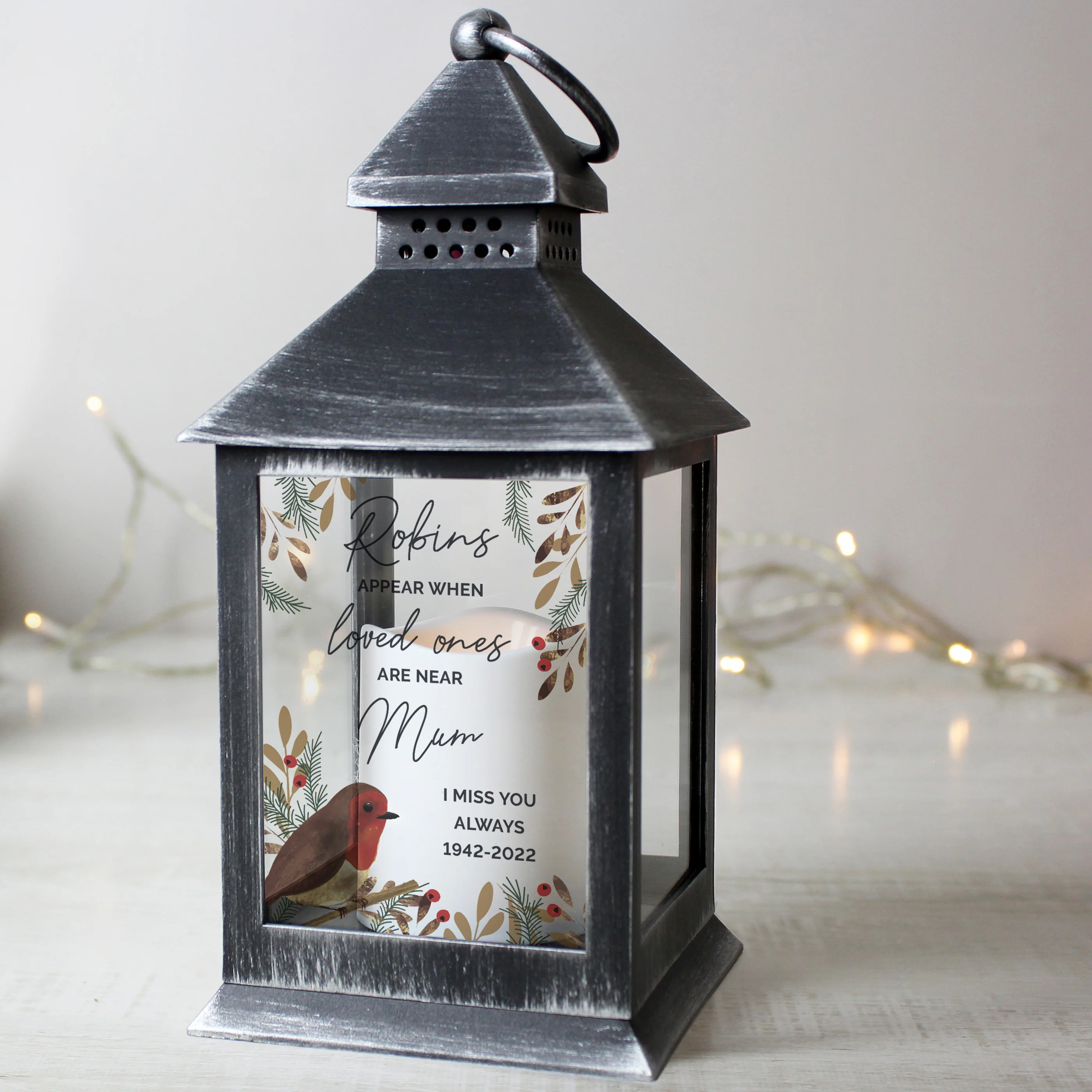 Personalised Robins Memorial Black LED Lantern - Image 3