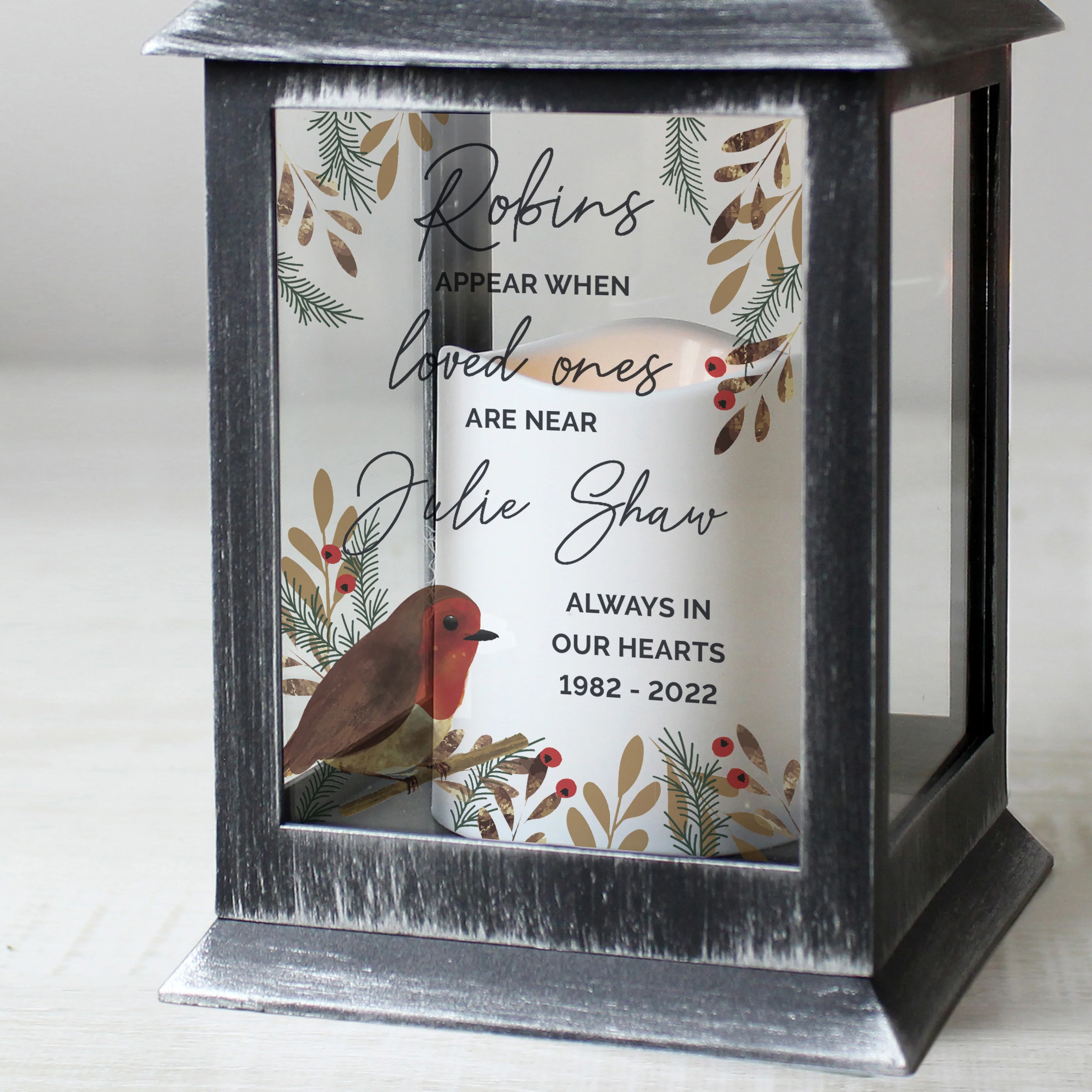 Personalised Robins Memorial Black LED Lantern - Image 4