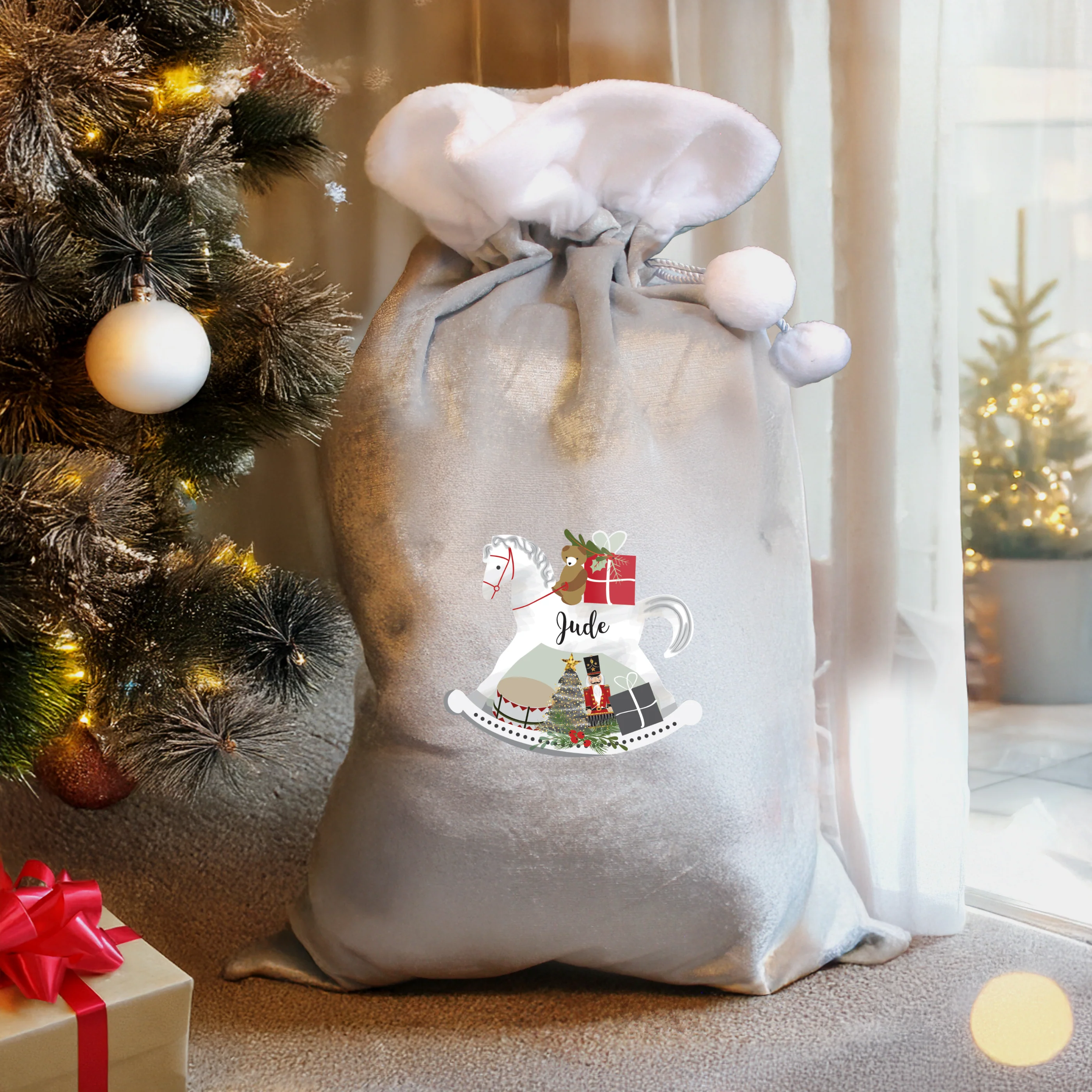 Personalised Rocking Horse Luxury Silver Grey Pom Pom Sack - Image 2