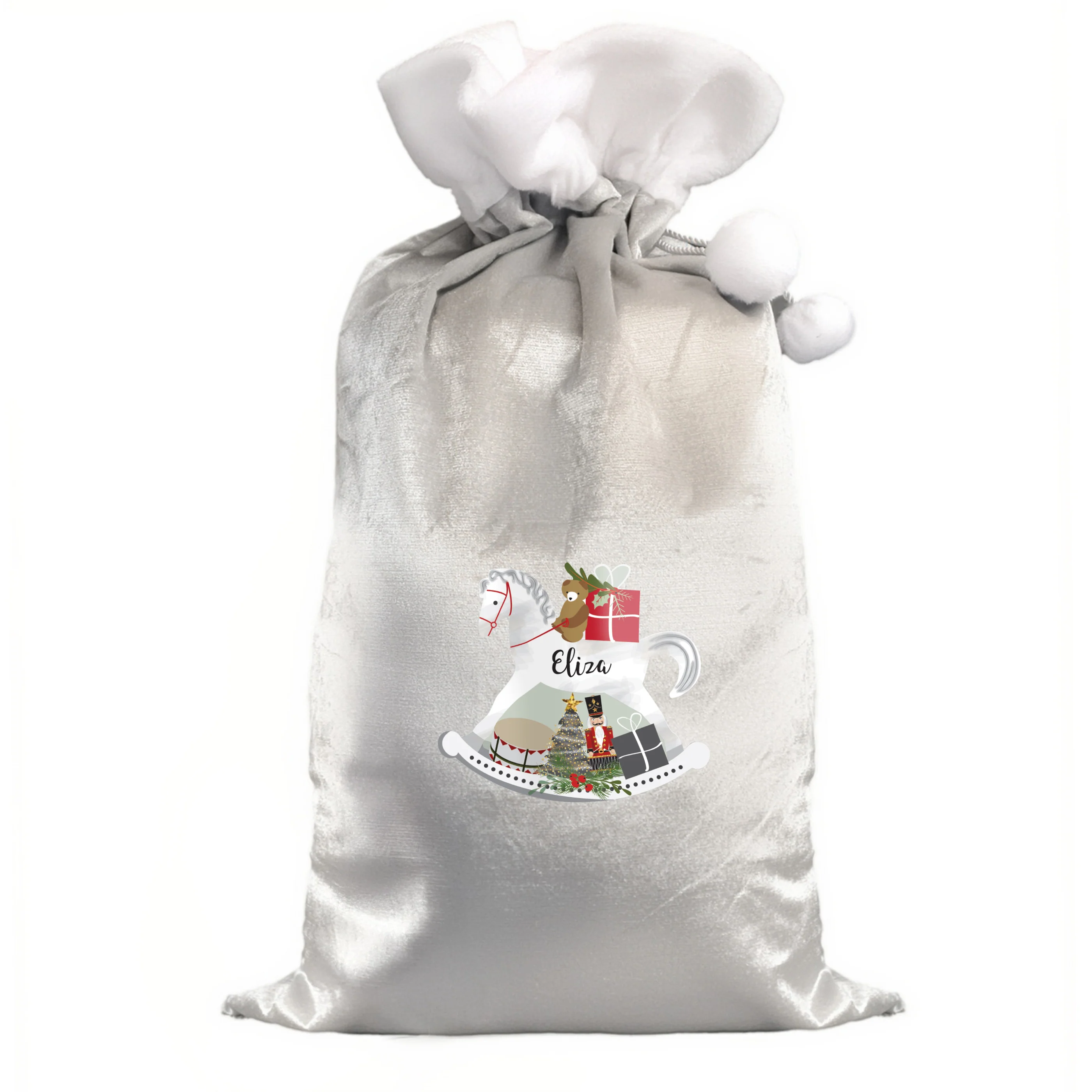 Personalised Rocking Horse Luxury Silver Grey Pom Pom Sack - Image 4