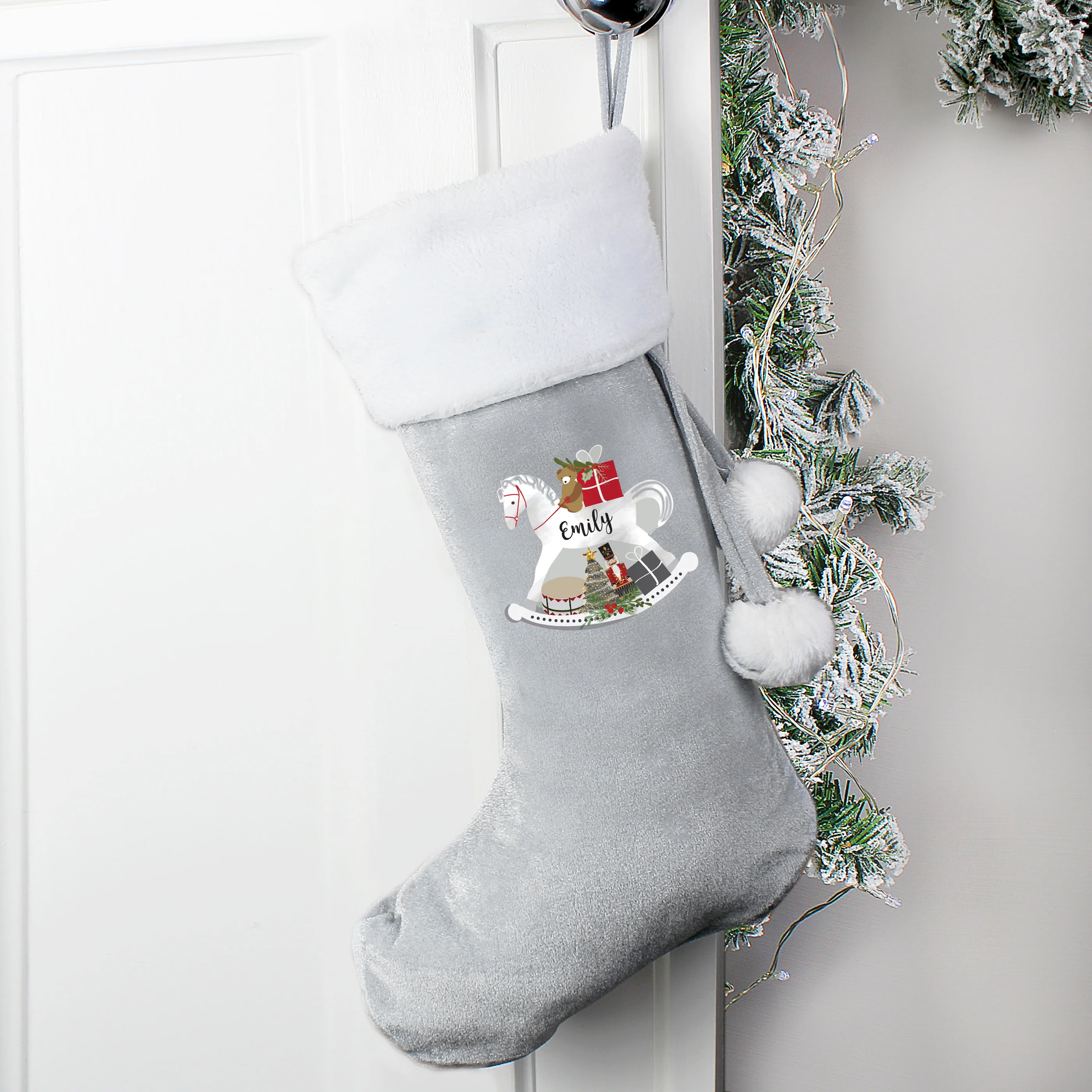 Personalised Rocking Horse Luxury Silver Grey Stocking - Image 2