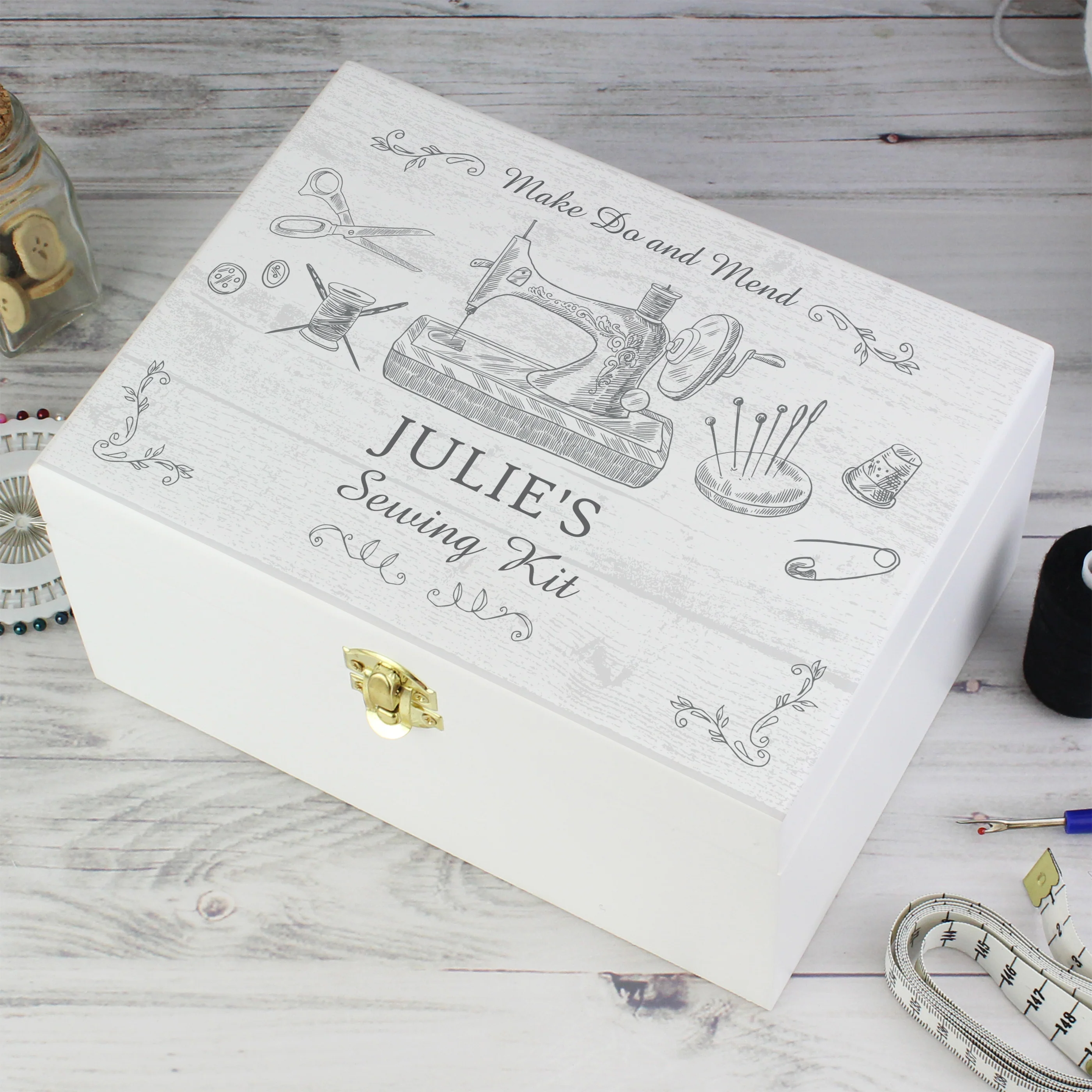 Personalised Sewing Kit White Wooden Box - Image 3