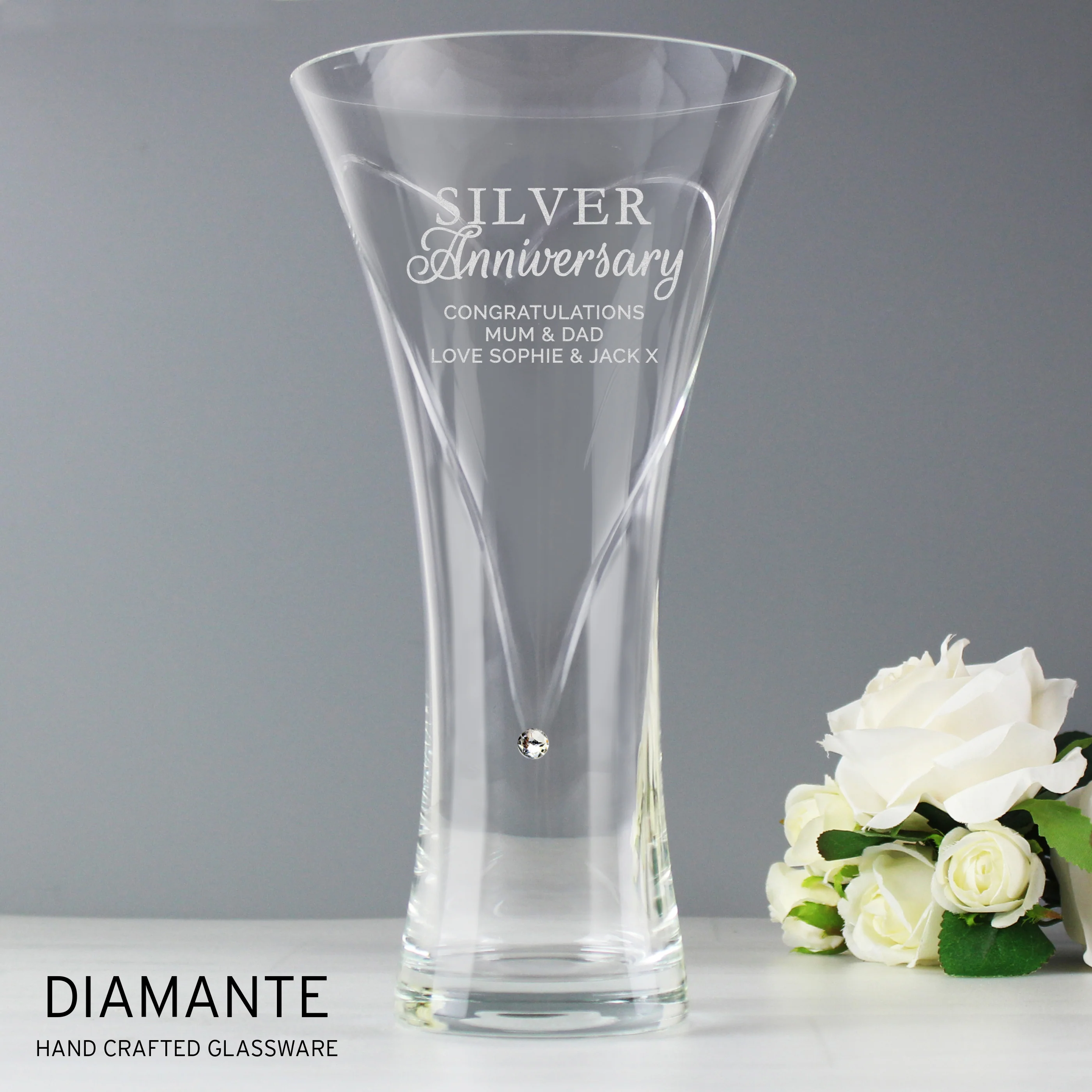 Personalised Silver Anniversary Large Hand Cut Diamante Heart Vase - Image 3