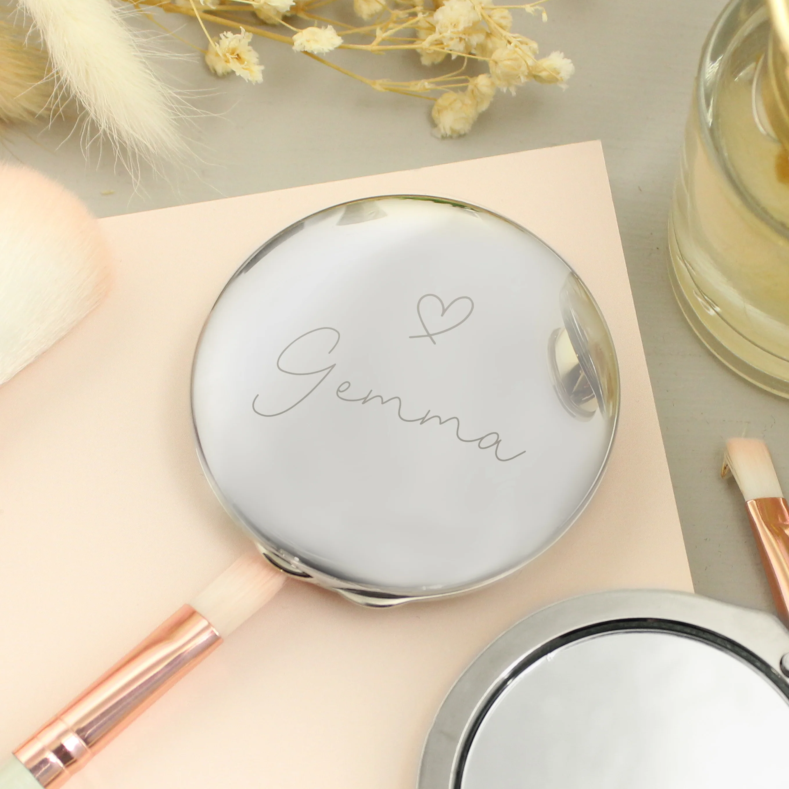 Personalised Silver Heart Motif Round Compact mirror - Image 3
