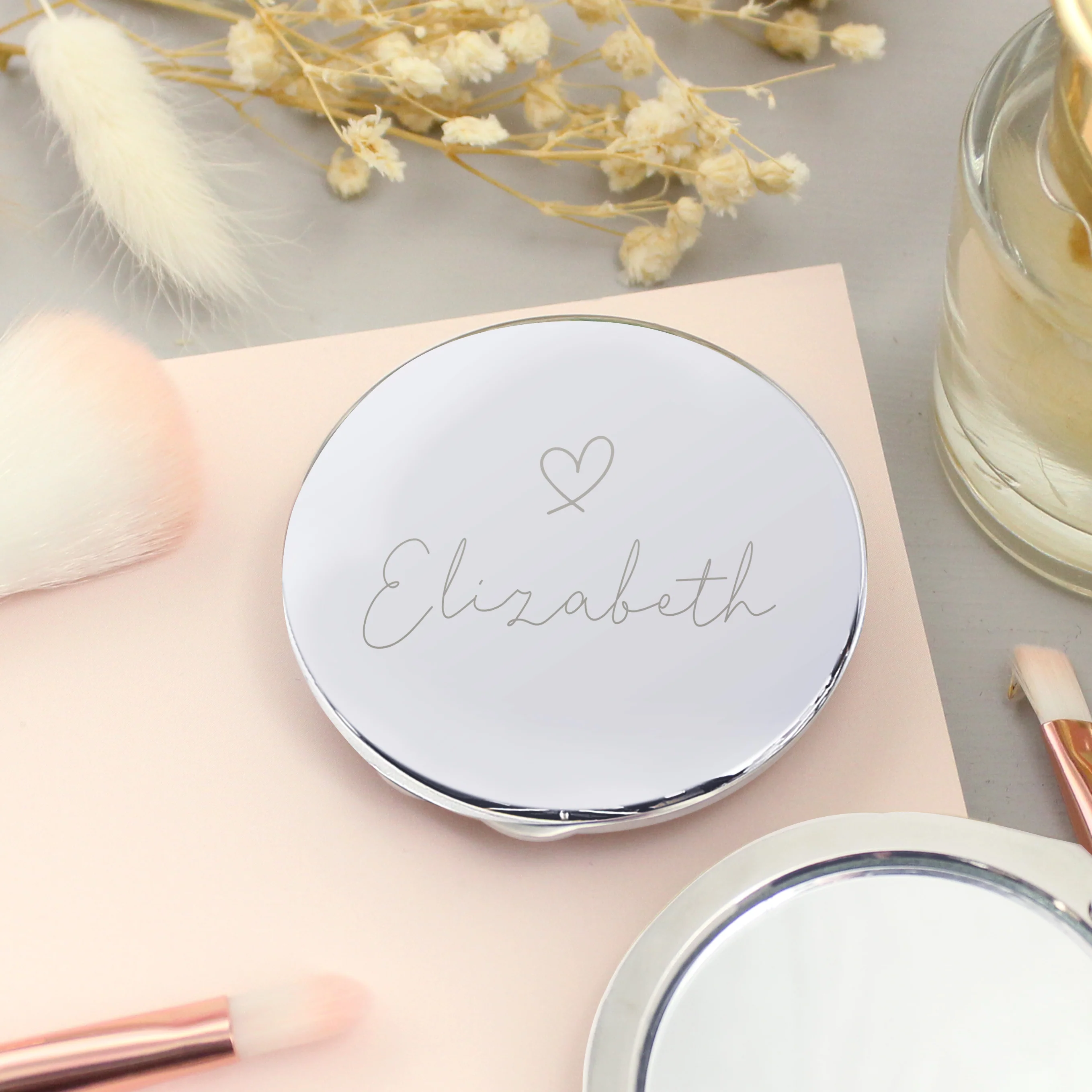 Personalised Silver Heart Motif Round Compact mirror - Image 4