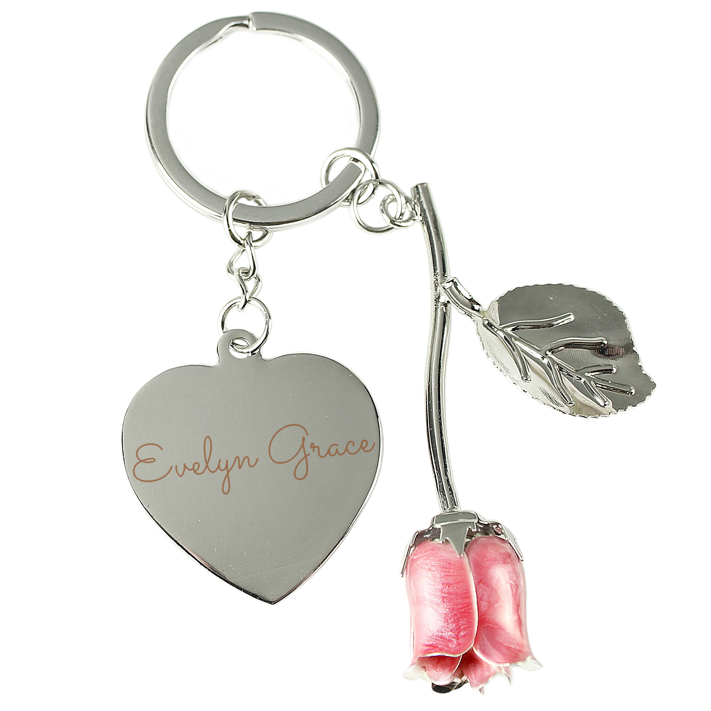 Personalised Silver Plated Name Pink Rose Keyring - Image 5