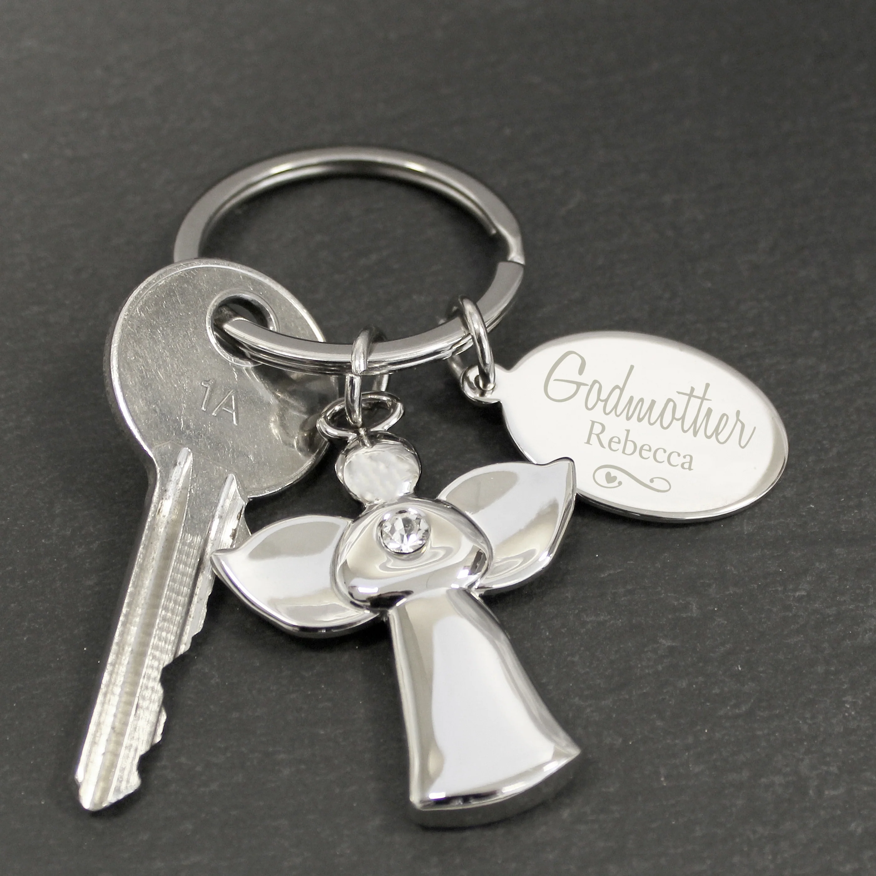 Personalised Silver Plated Swirls & Hearts Godmother Angel Keyring - Image 5