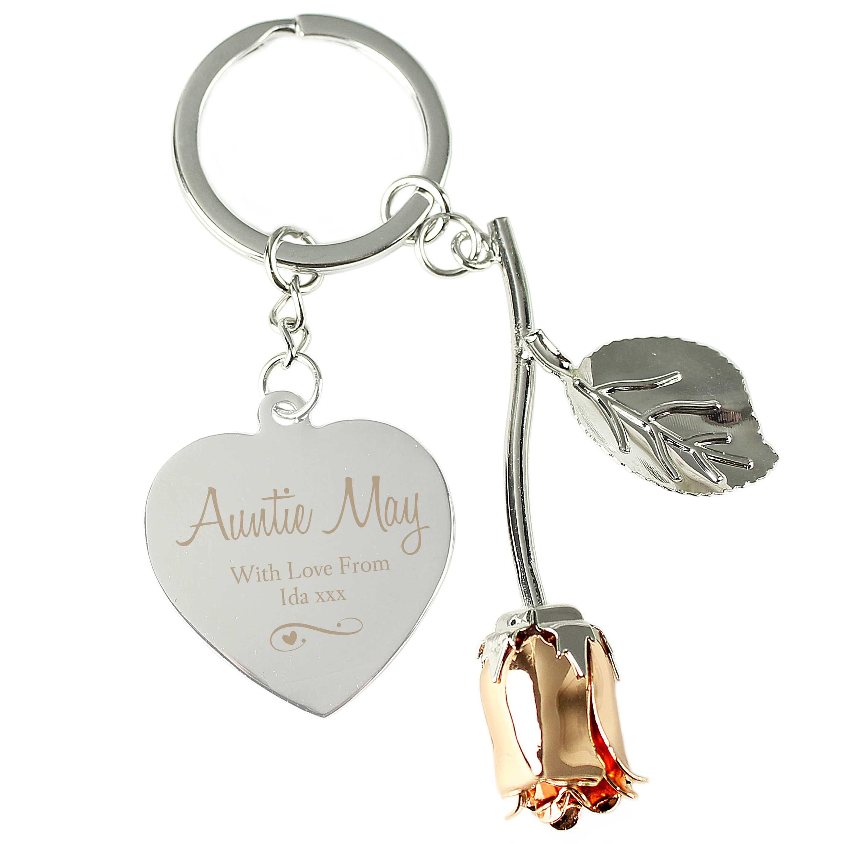 Personalised Silver Plated Swirls & Hearts Rose Gold Rose Keyring - Image 2