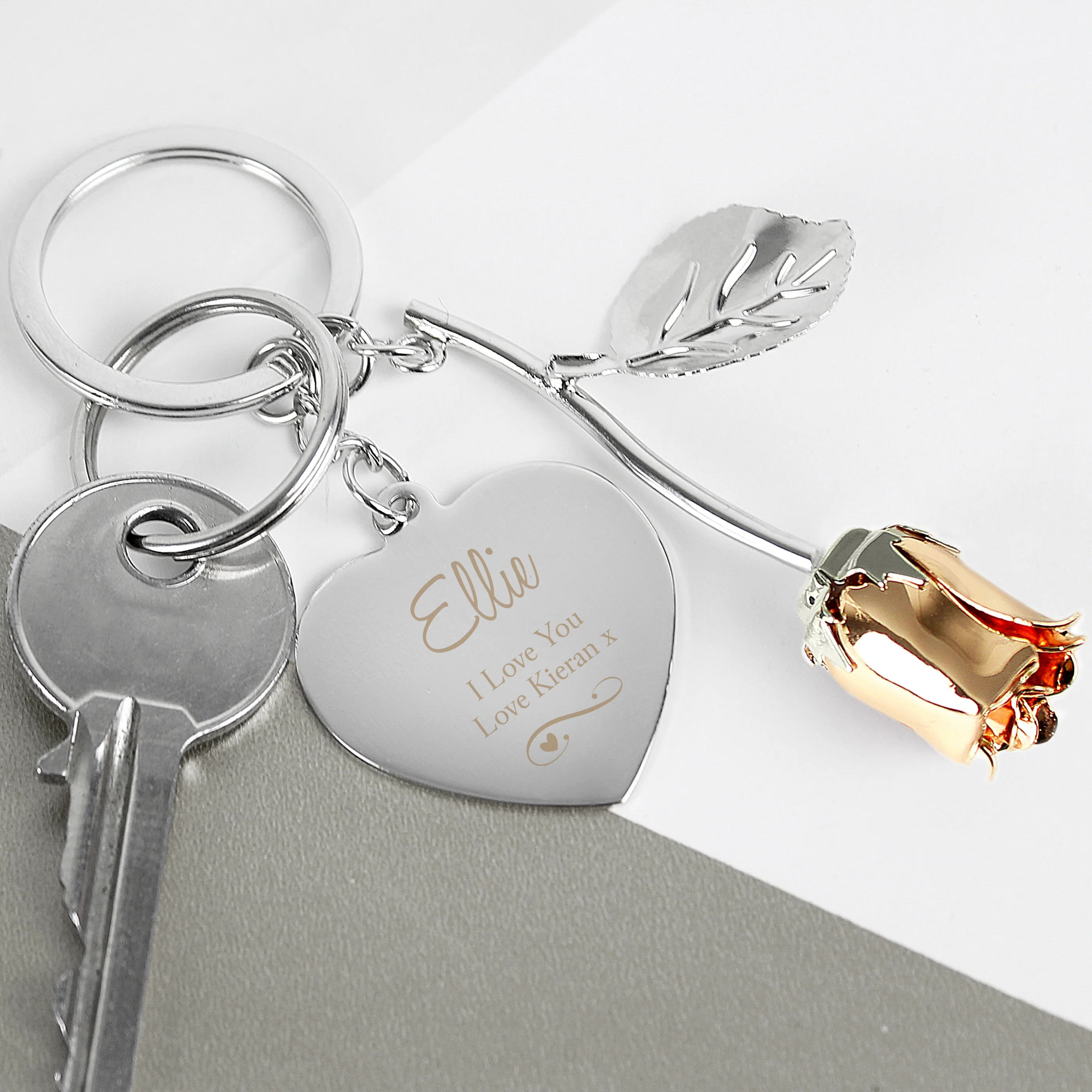 Personalised Silver Plated Swirls & Hearts Rose Gold Rose Keyring - Image 3