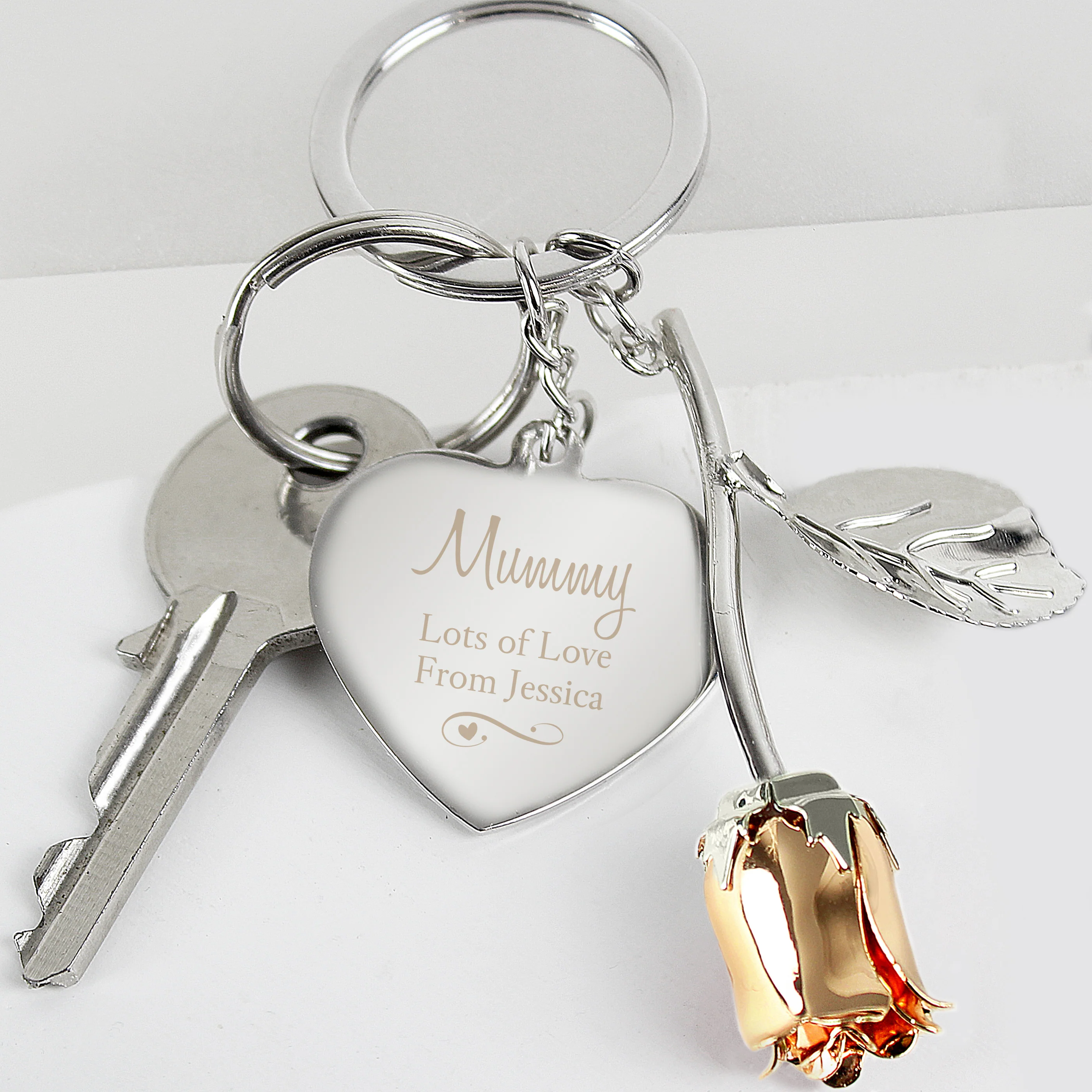 Personalised Silver Plated Swirls & Hearts Rose Gold Rose Keyring - Image 4