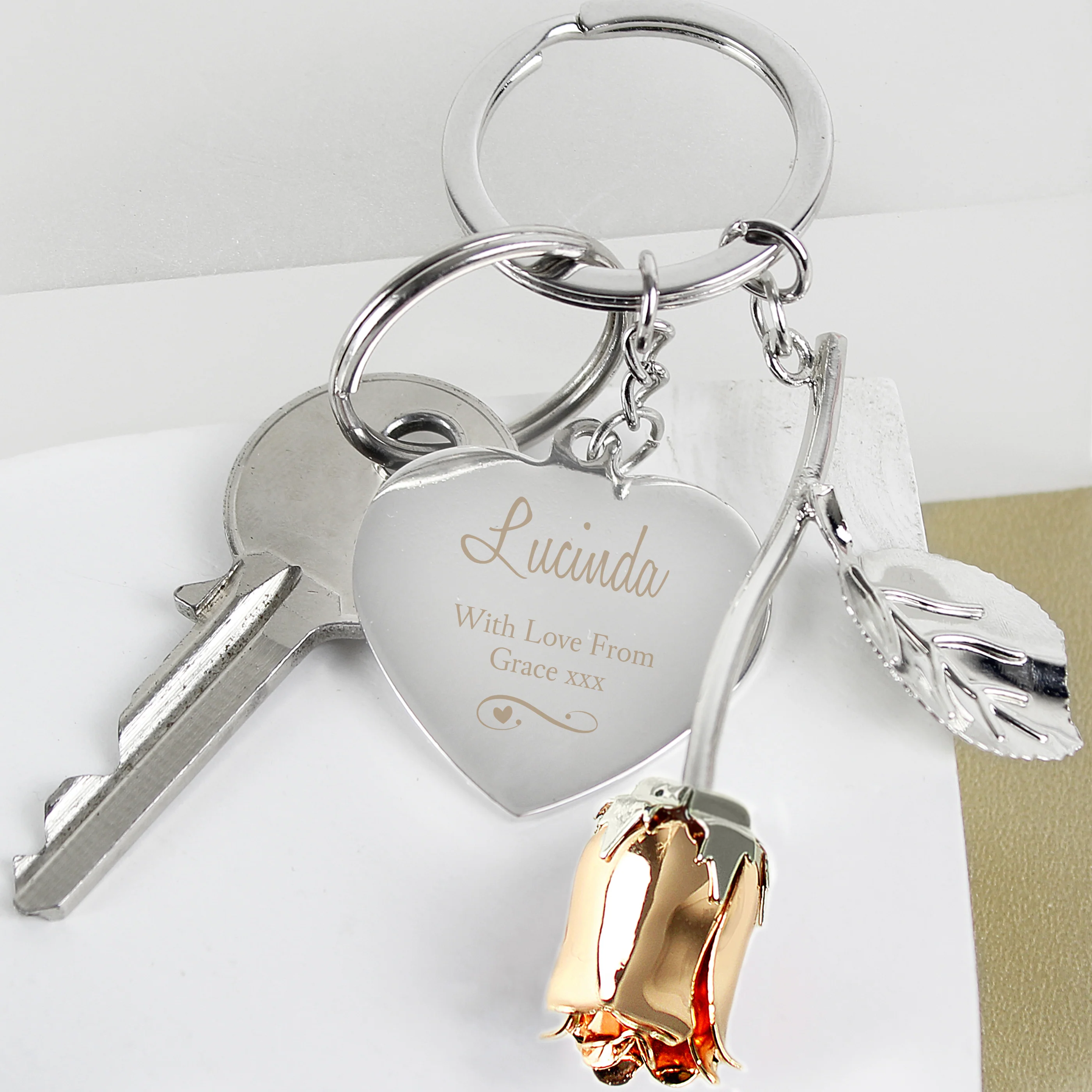 Personalised Silver Plated Swirls & Hearts Rose Gold Rose Keyring - Image 5
