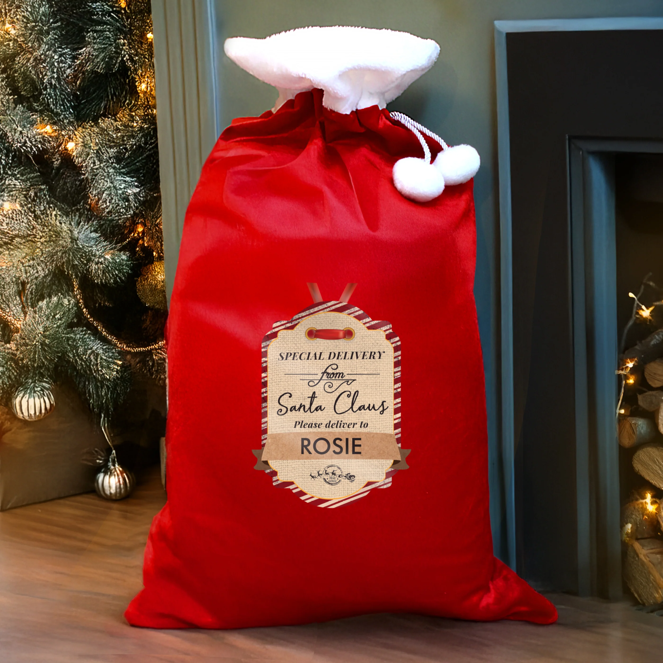 Personalised Special Delivery Luxury Pom Pom Red Sack - Image 2