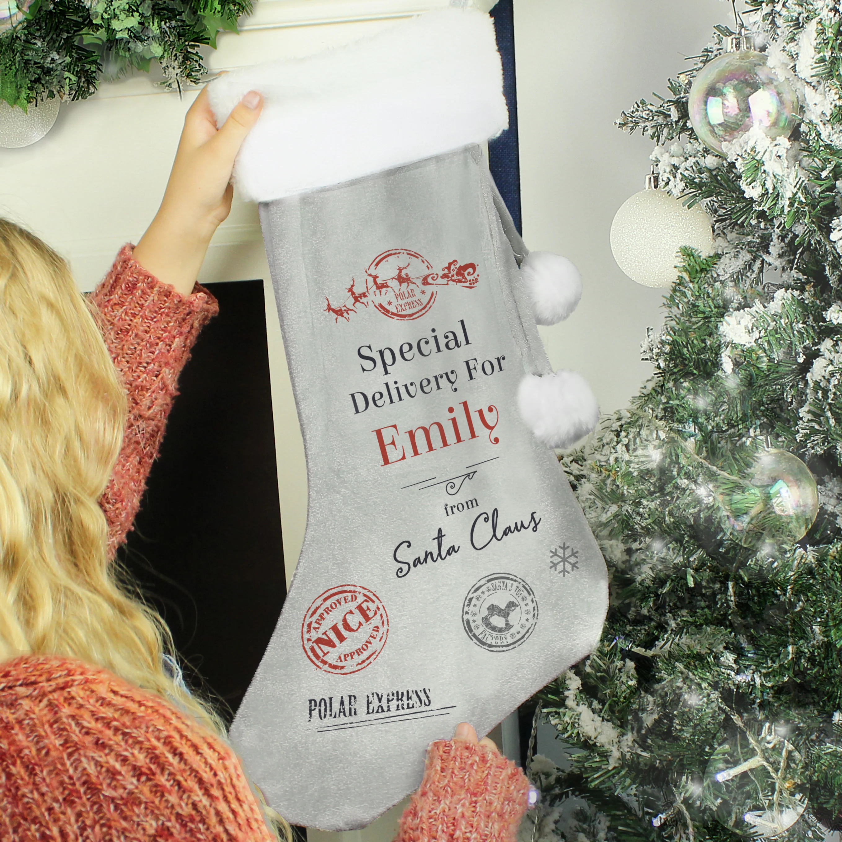 Personalised Special Delivery Silver Grey Stocking - Image 2