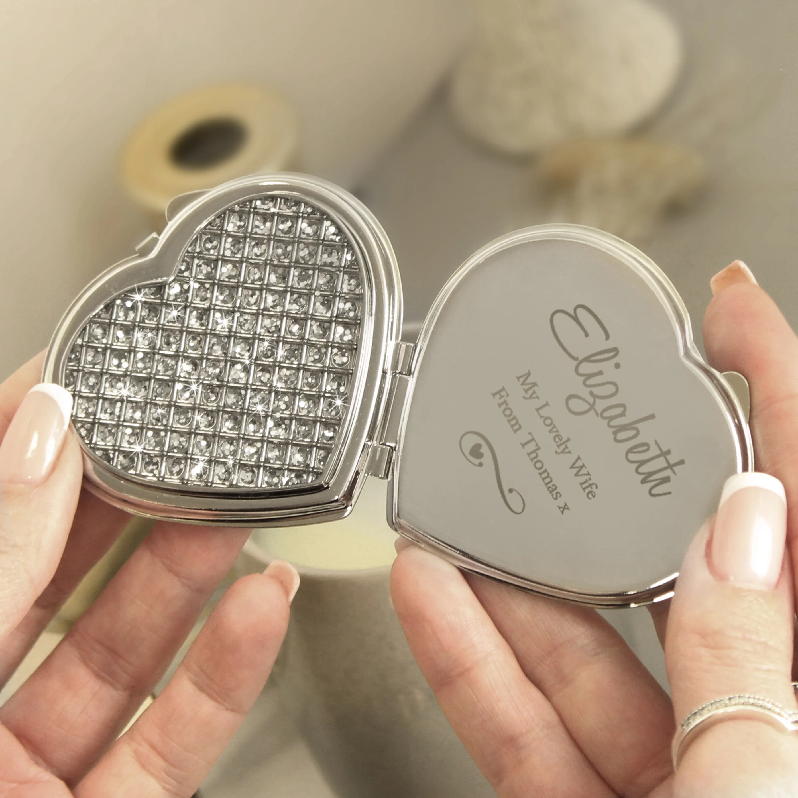 Personalised Swirls & Hearts Diamante Heart Compact Mirror - Image 3