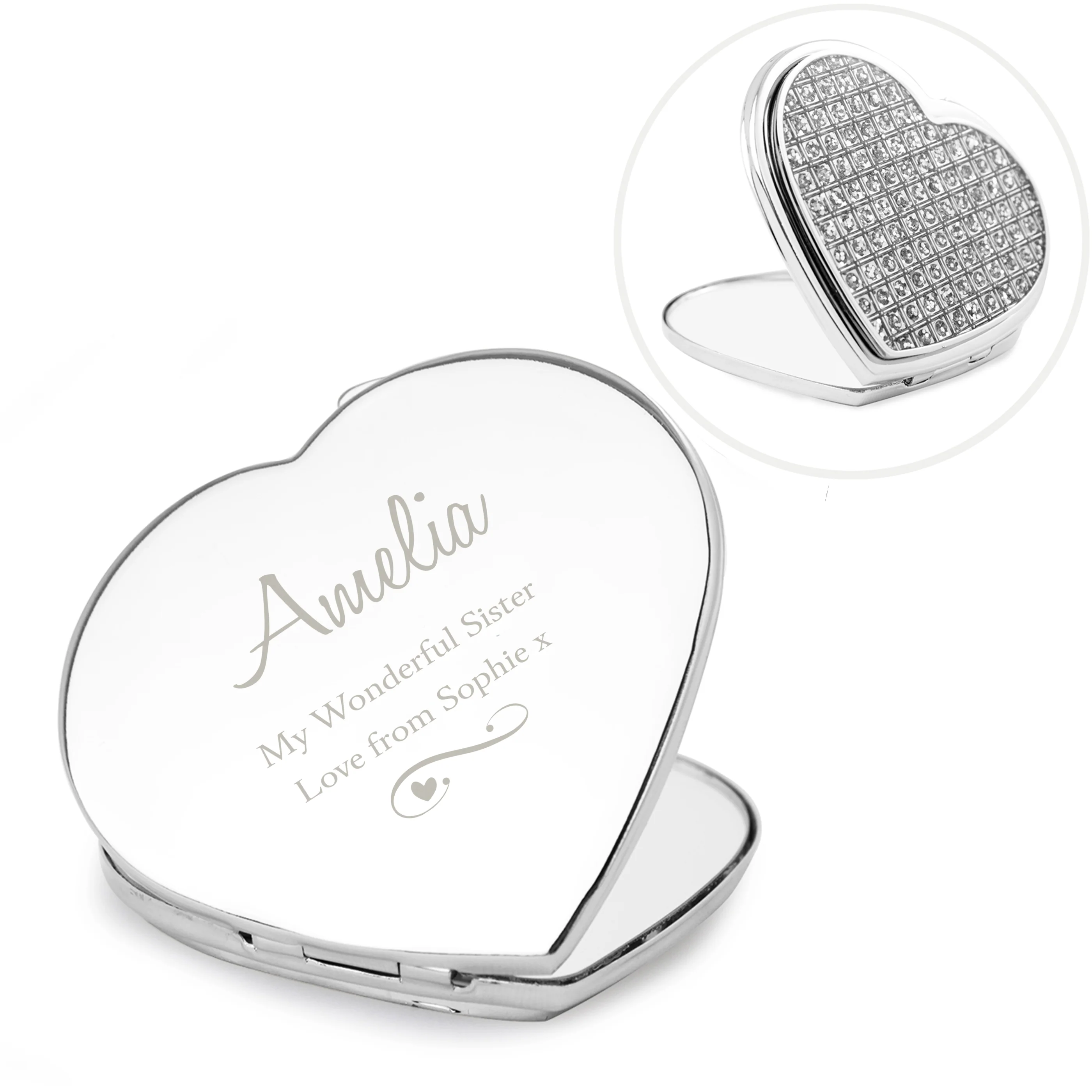 Personalised Swirls & Hearts Diamante Heart Compact Mirror - Image 5