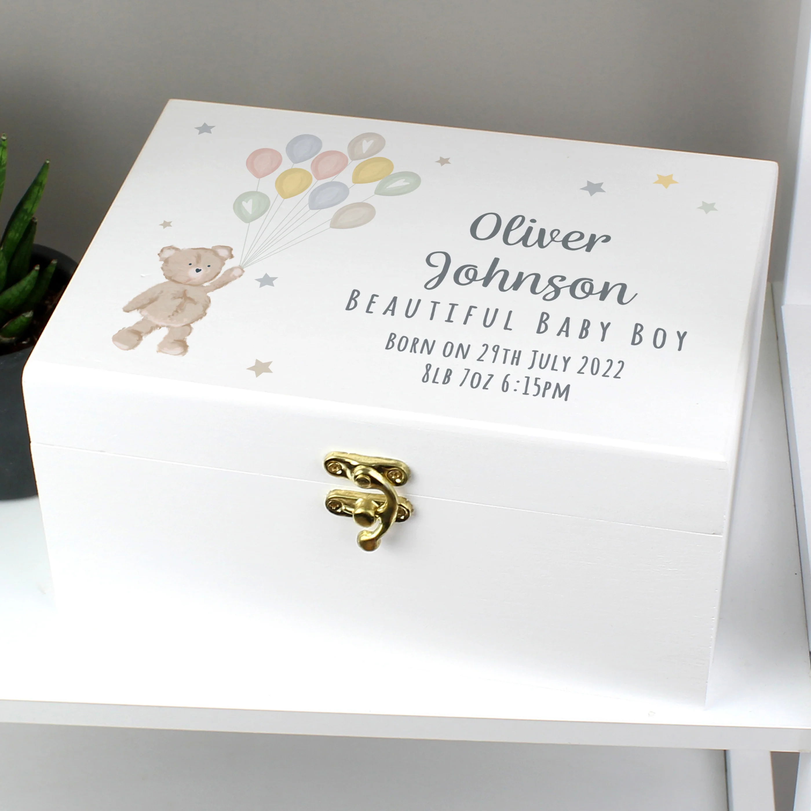 Personalised Teddy & Balloons White Wooden Keepsake Box - Image 3