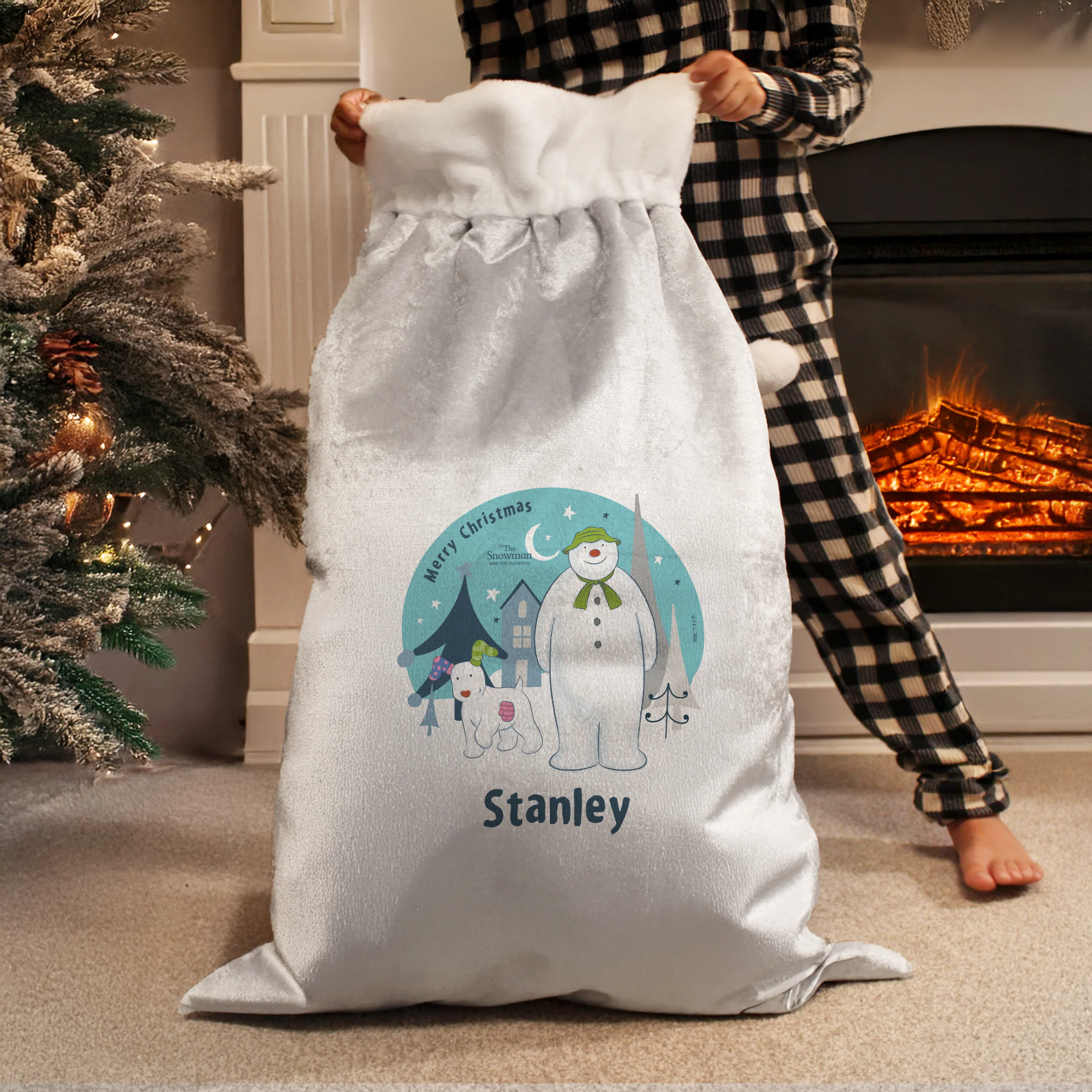 Personalised The Snowman and the Snowdog Luxury Silver Grey Pom Pom Sack - Image 3