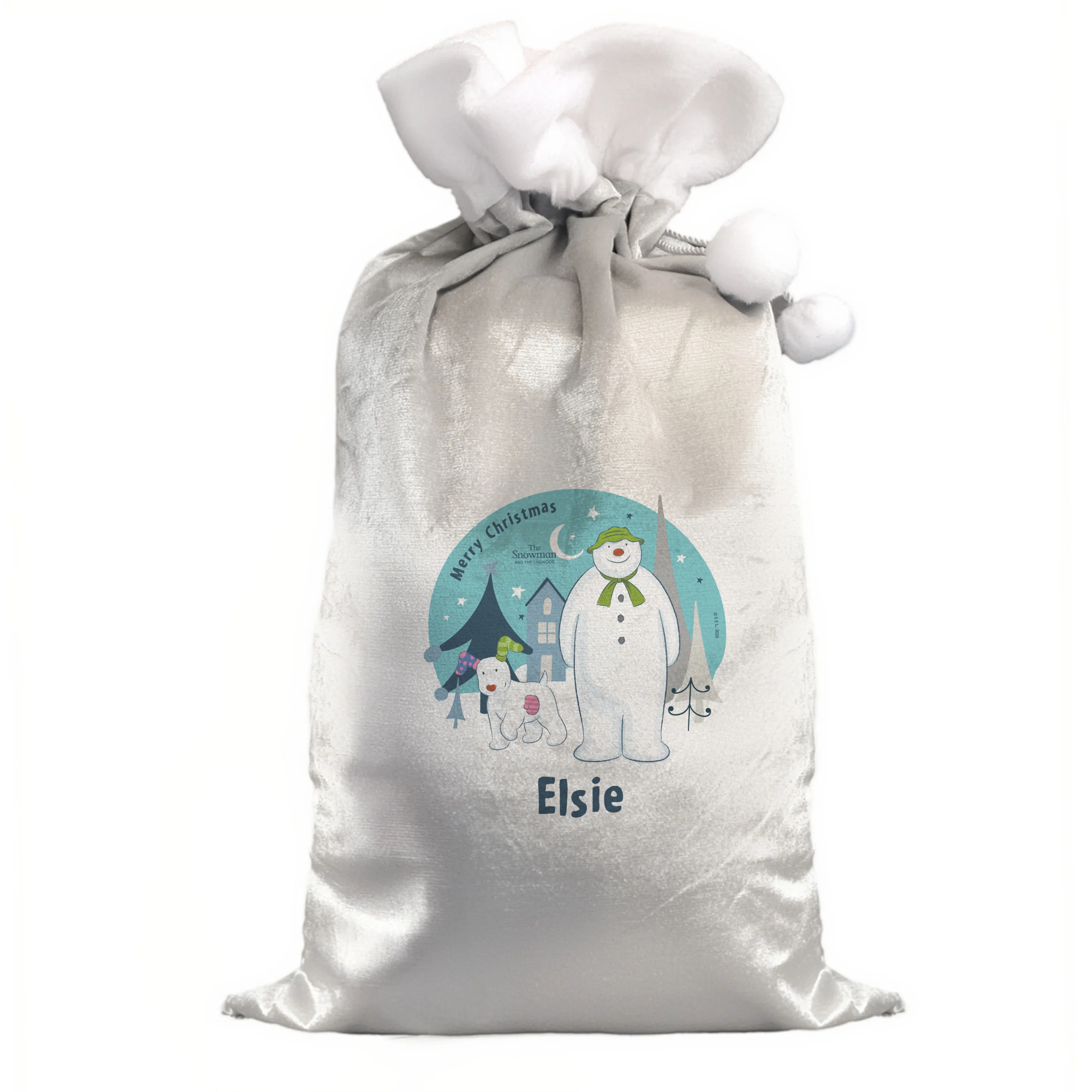 Personalised The Snowman and the Snowdog Luxury Silver Grey Pom Pom Sack - Image 4