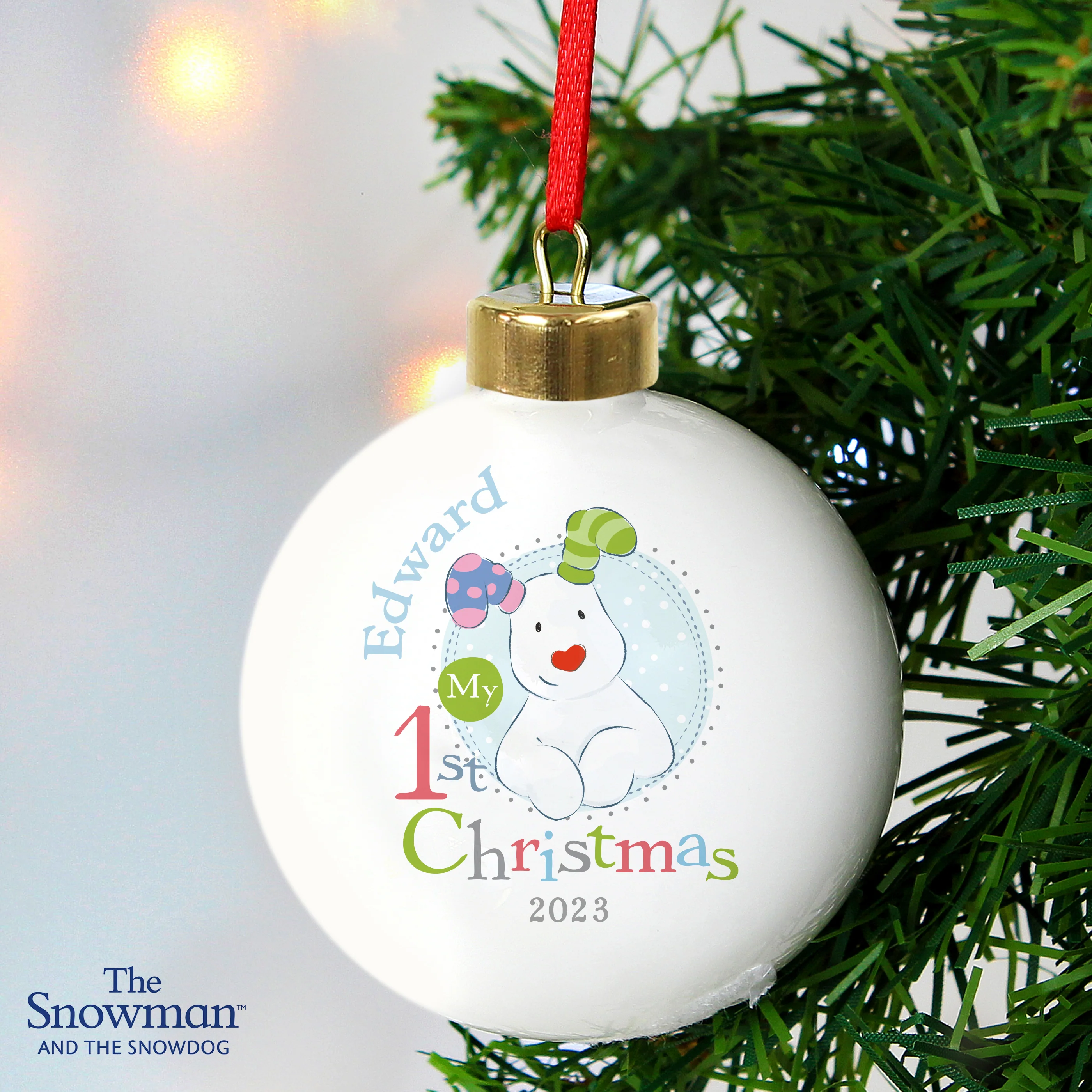 Personalised The Snowman and the Snowdog My 1st Christmas Blue Bauble - Image 2