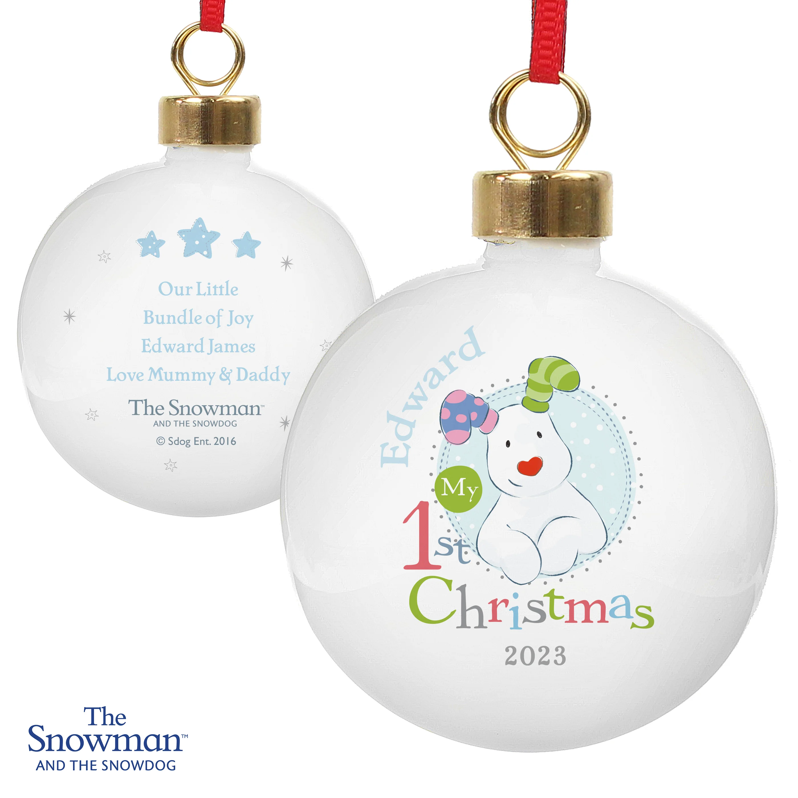 Personalised The Snowman and the Snowdog My 1st Christmas Blue Bauble - Image 4